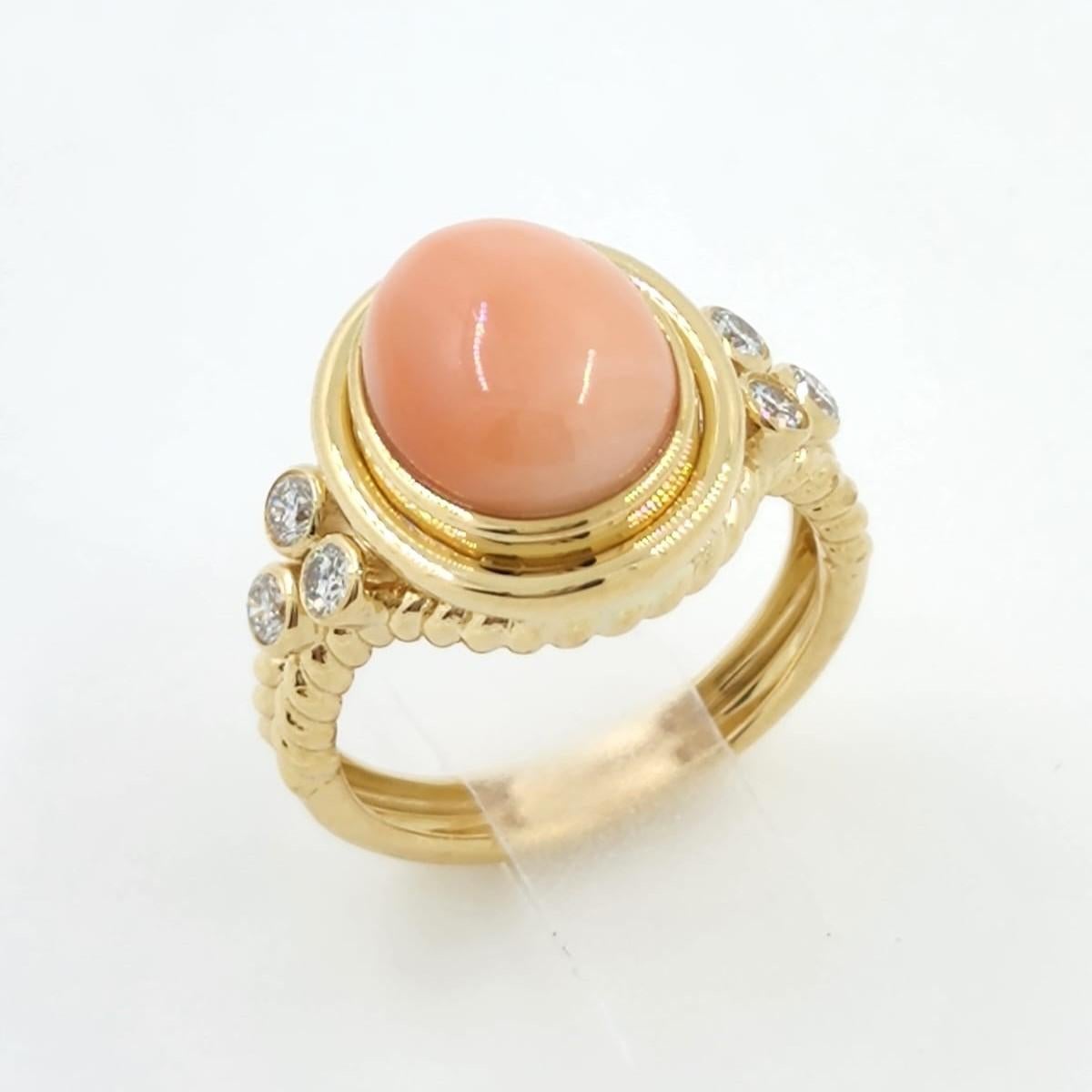 Oval Cut Coral with Diamonds Ring in 18K Yellow Gold