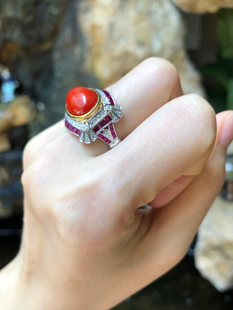 Coral with Ruby and Diamond Ring Set in 18 Karat White Gold Settings For Sale at 1stDibs ruby and coral together ring ruby and red coral combination ring red coral and