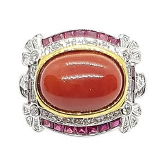 Coral with Ruby and Diamond Ring Set in 18 Karat White Gold Settings