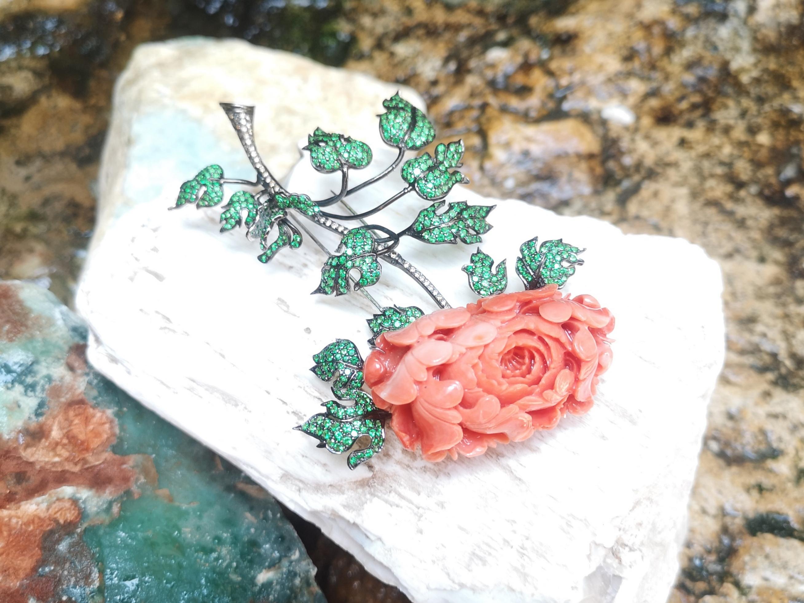 Coral with Tsavorite and Brown Diamond Flower Brooch set in 18 Karat White Gold For Sale 2