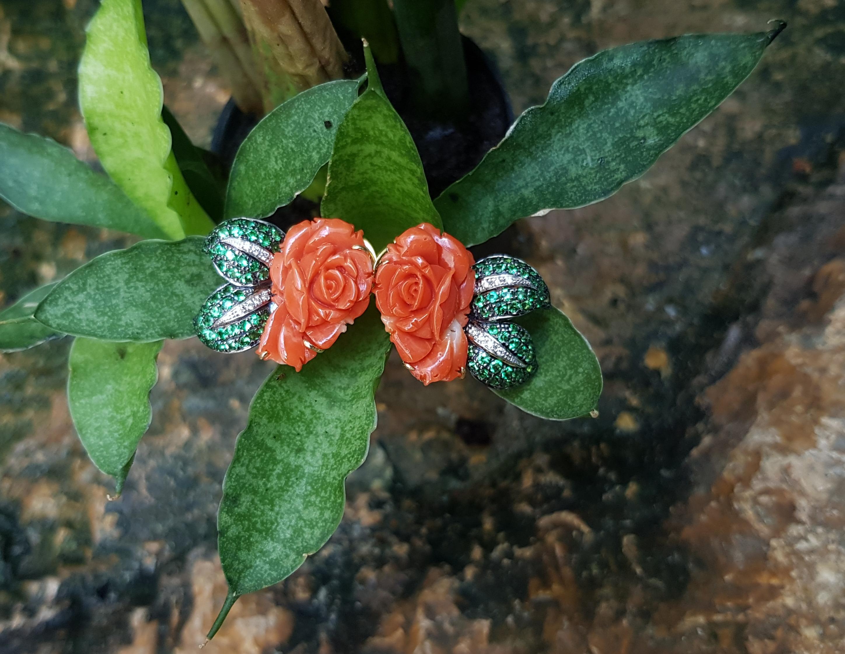Mixed Cut Coral with Tsavorite and Diamond Flower Earrings Set in 18 Karat Gold Settings