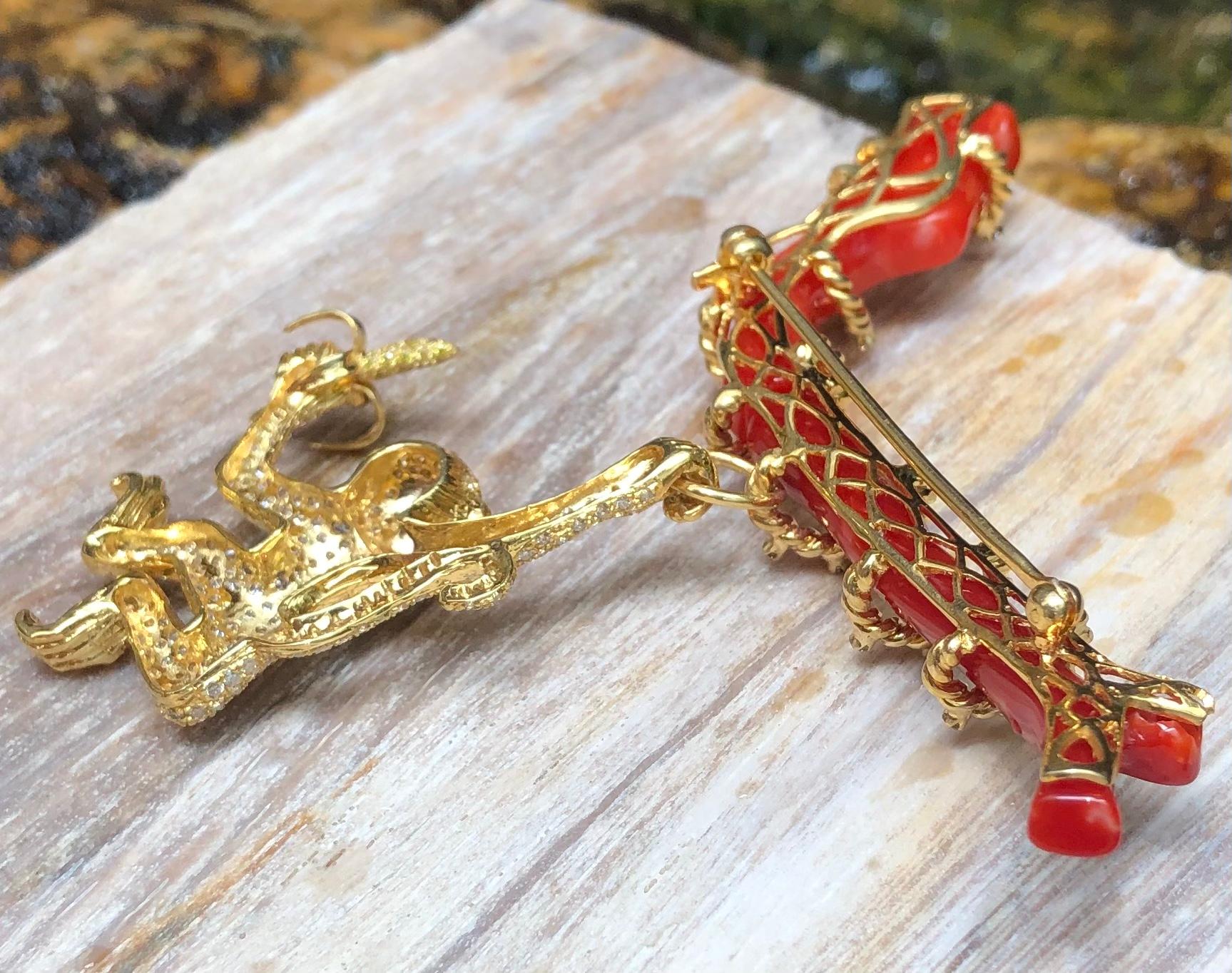 Coral with Yellow Diamond and Brown Diamond Monkey Brooch Set in 18 Karat Gold For Sale 4