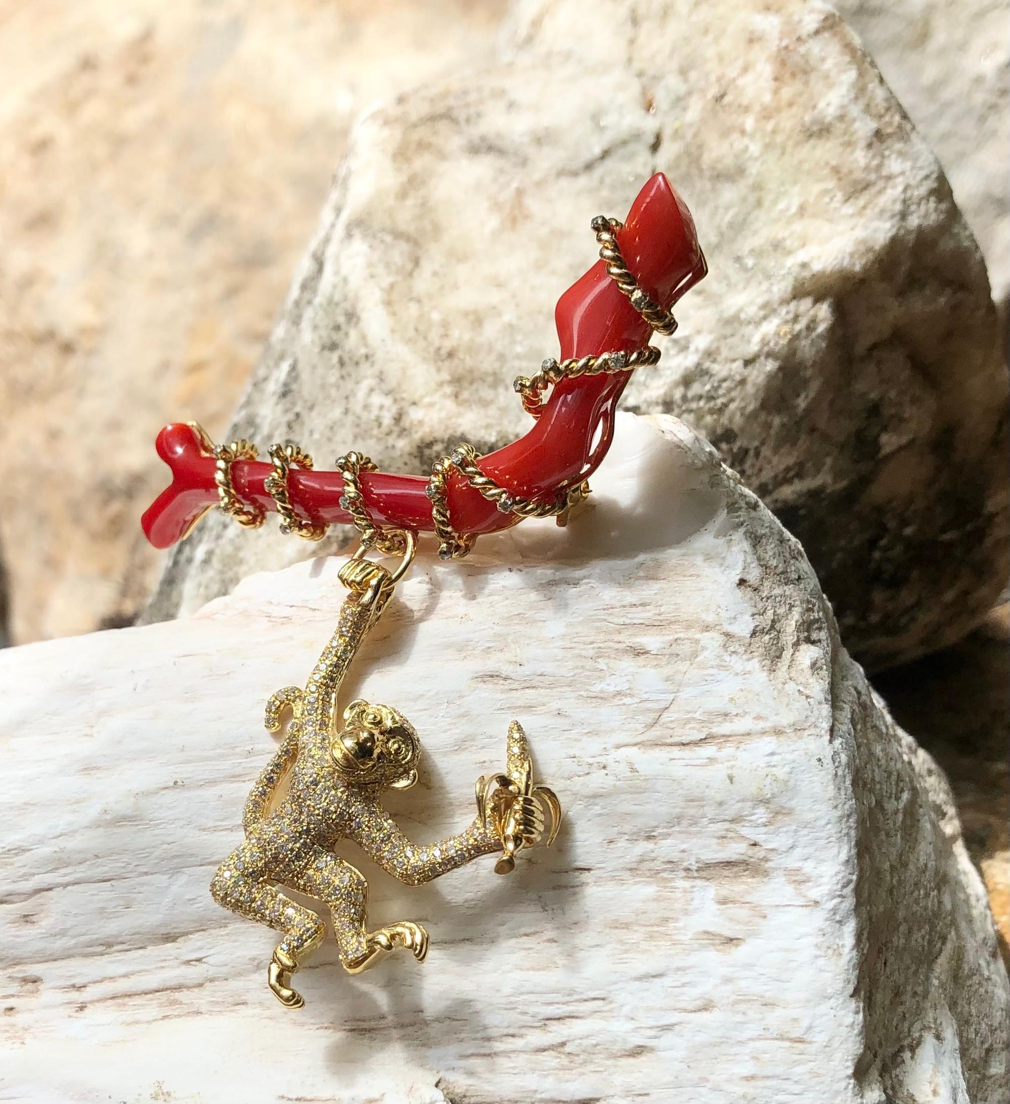 Contemporary Coral with Yellow Diamond and Brown Diamond Monkey Brooch Set in 18 Karat Gold For Sale