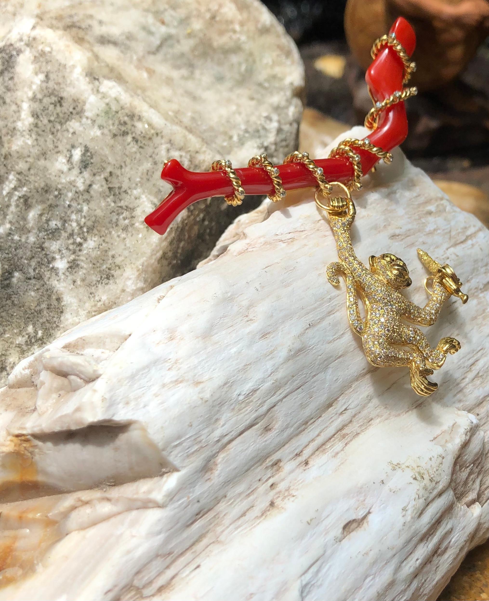 Women's or Men's Coral with Yellow Diamond and Brown Diamond Monkey Brooch Set in 18 Karat Gold For Sale