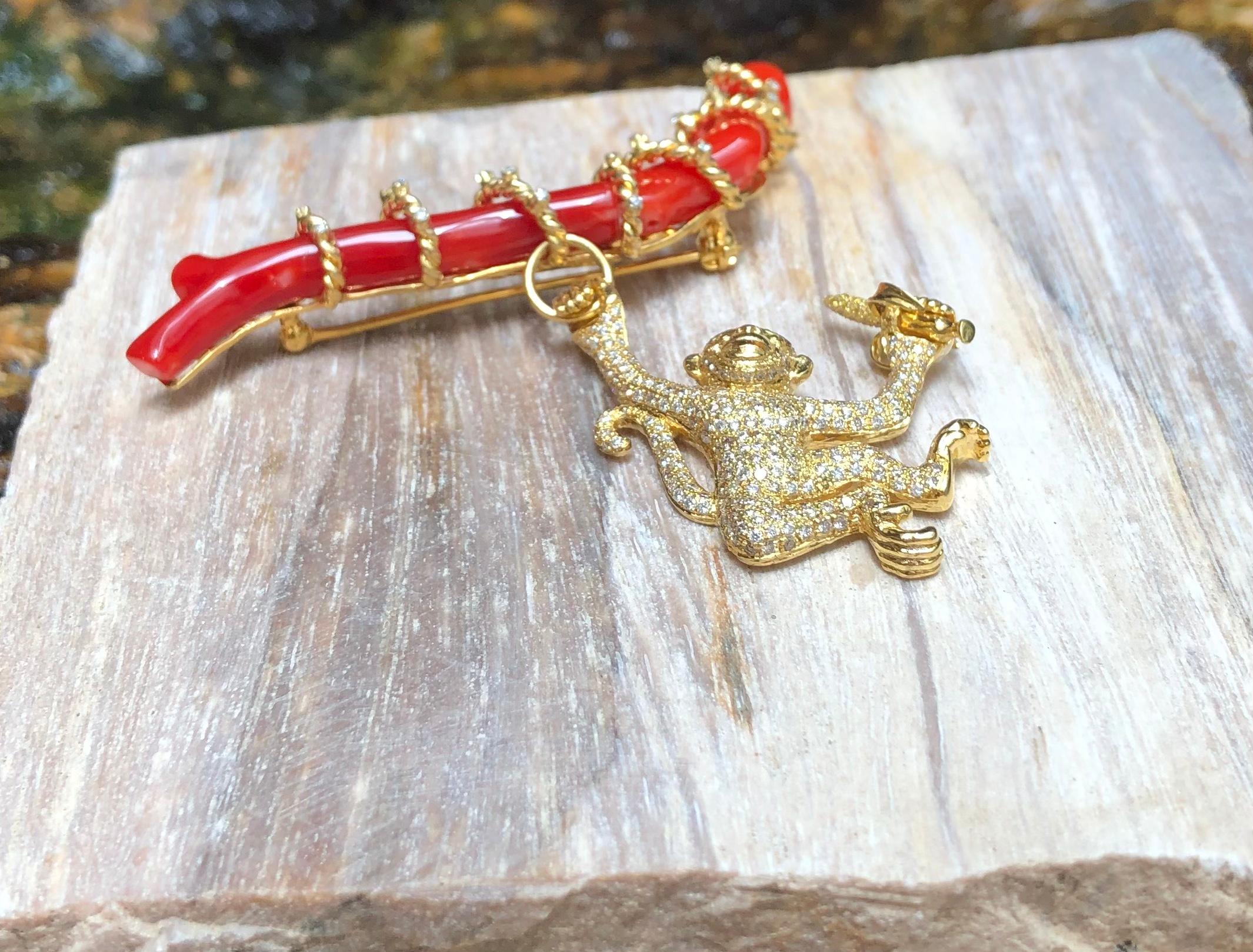 Coral with Yellow Diamond and Brown Diamond Monkey Brooch Set in 18 Karat Gold For Sale 1