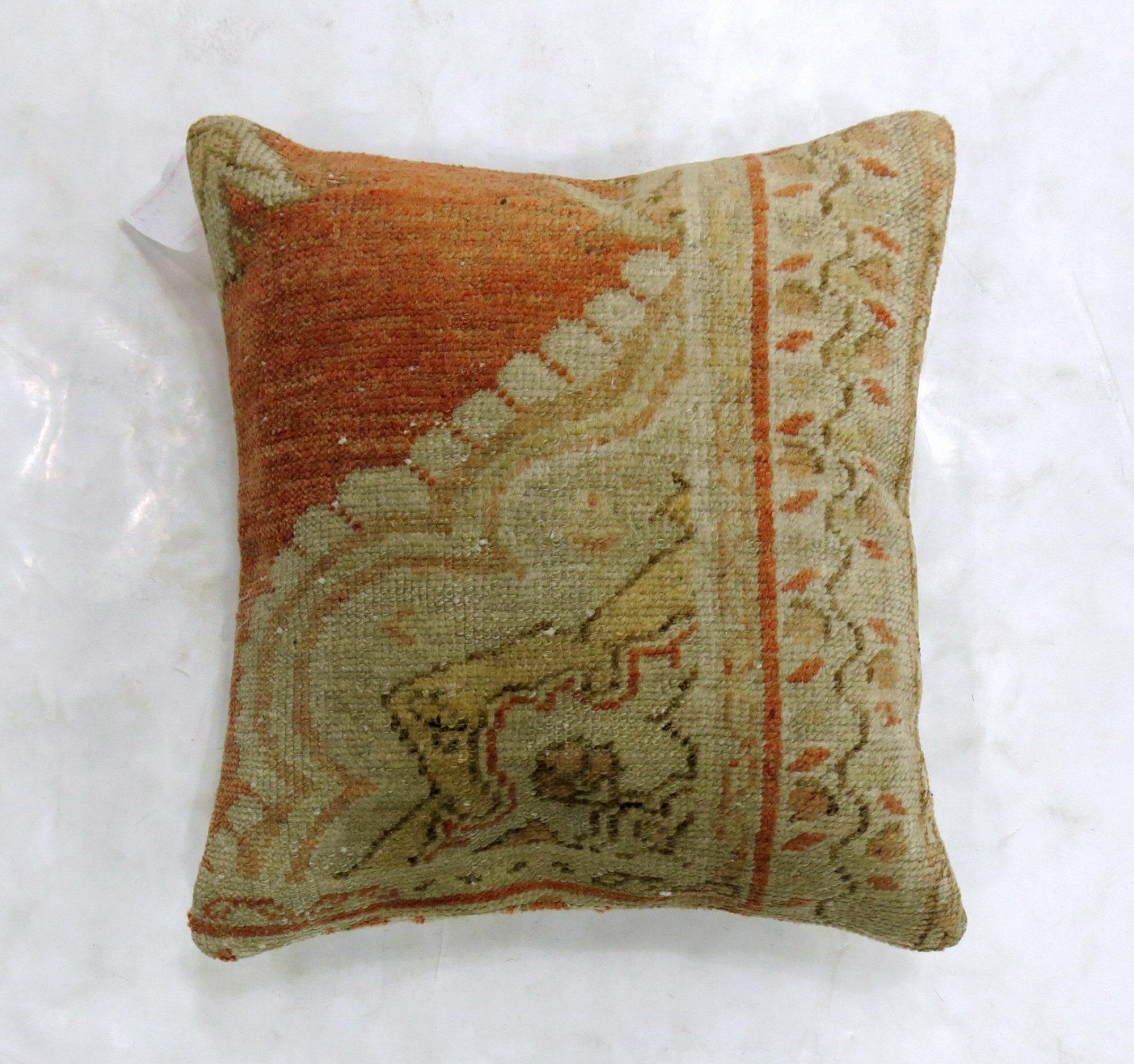 American Colonial Coral Wool Pillow from a 20th Century Turkish Oushak Rug For Sale