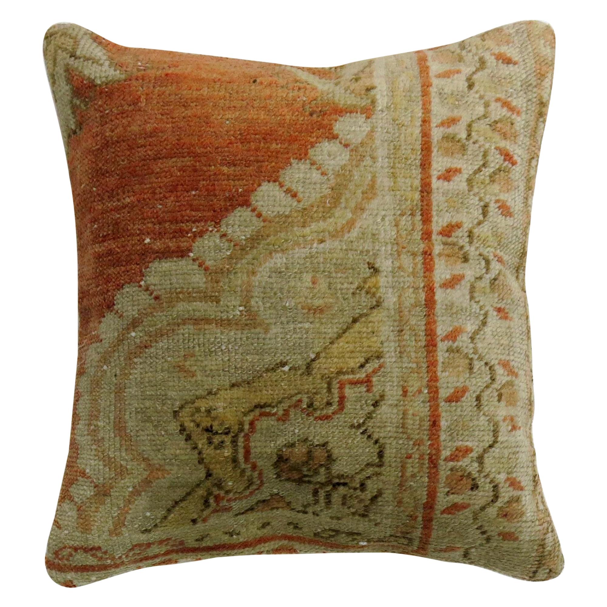 Coral Wool Pillow from a 20th Century Turkish Oushak Rug For Sale