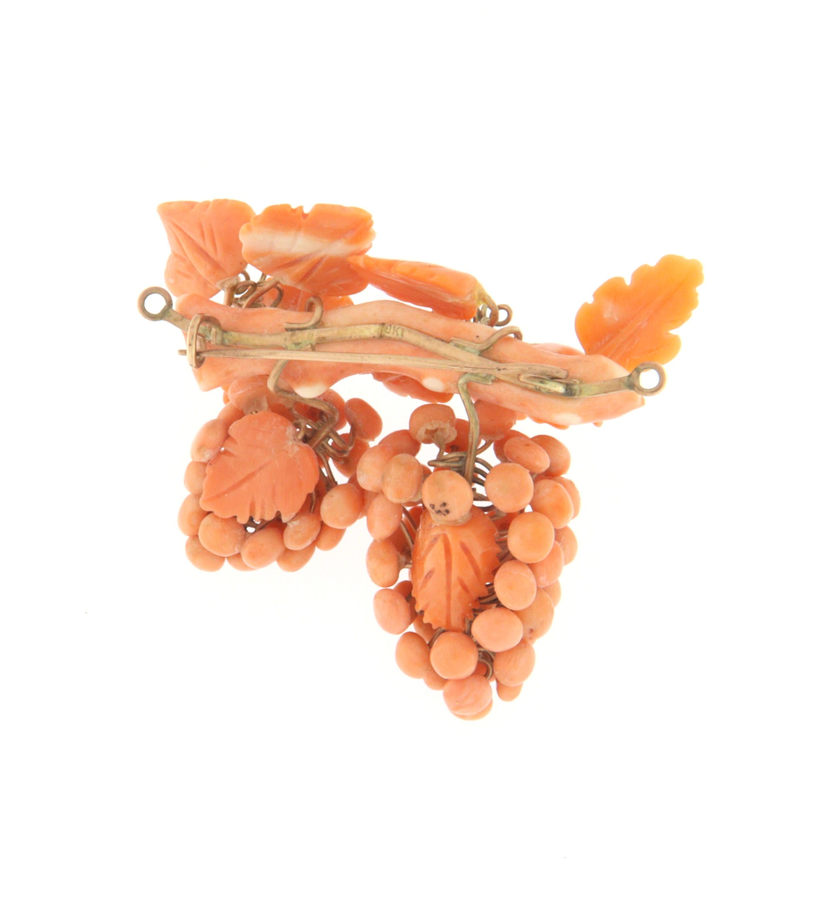 Artisan Coral Yellow Gold 9 Karat Brooch For Sale