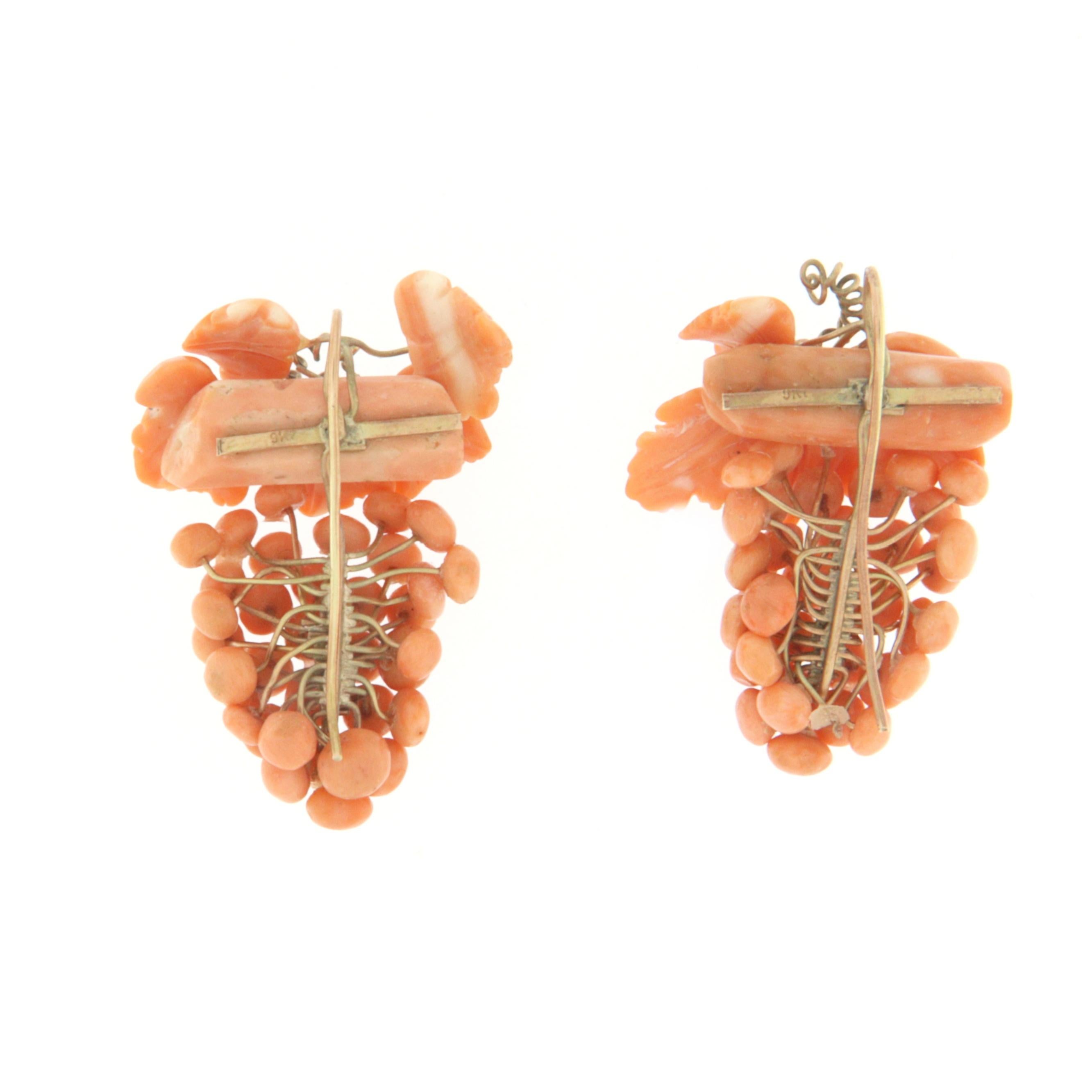 Artisan Coral Yellow Gold 9 Karat Drop Earring For Sale