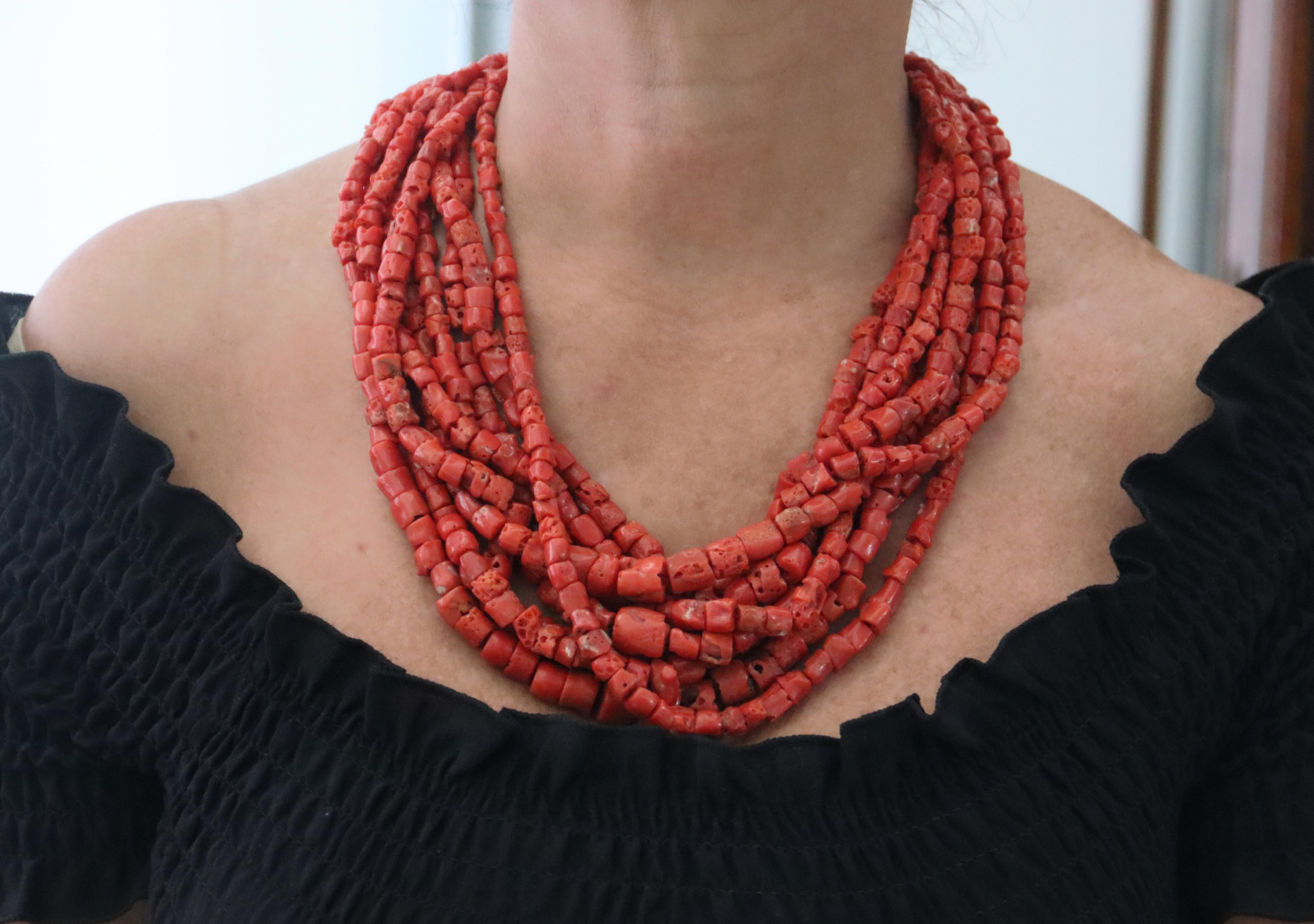 Mixed Cut Coral Yellow Gold 9 Karat  Multi-Strand Necklace For Sale