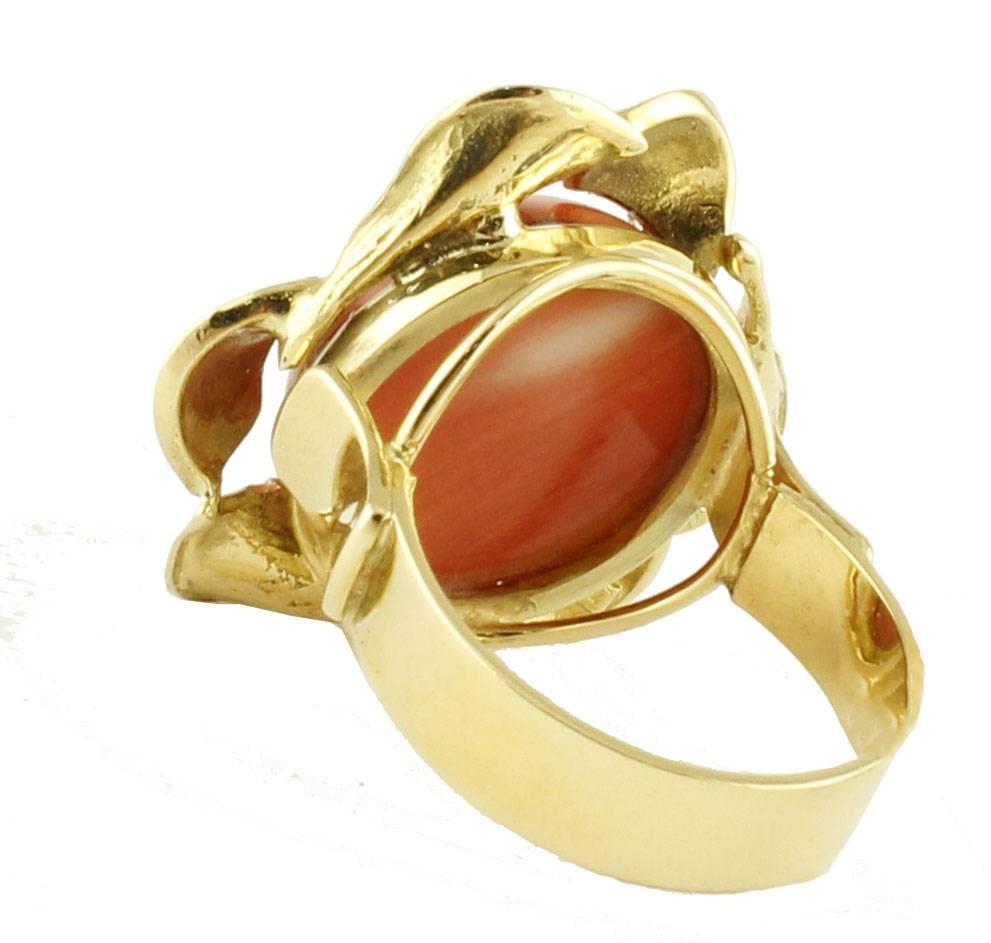 Retro Coral Yellow Gold Leaf Motif Ring
