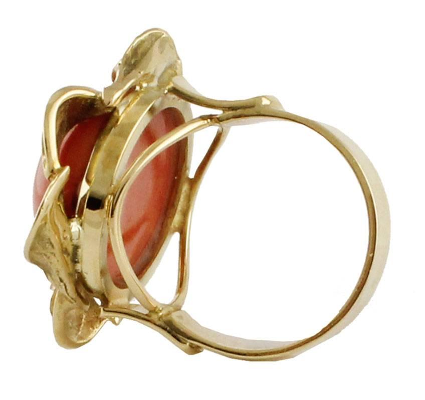 Women's Coral Yellow Gold Leaf Motif Ring