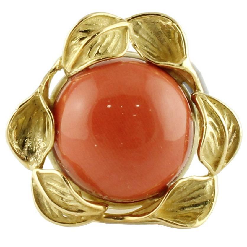 Coral Yellow Gold Leaf Motif Ring