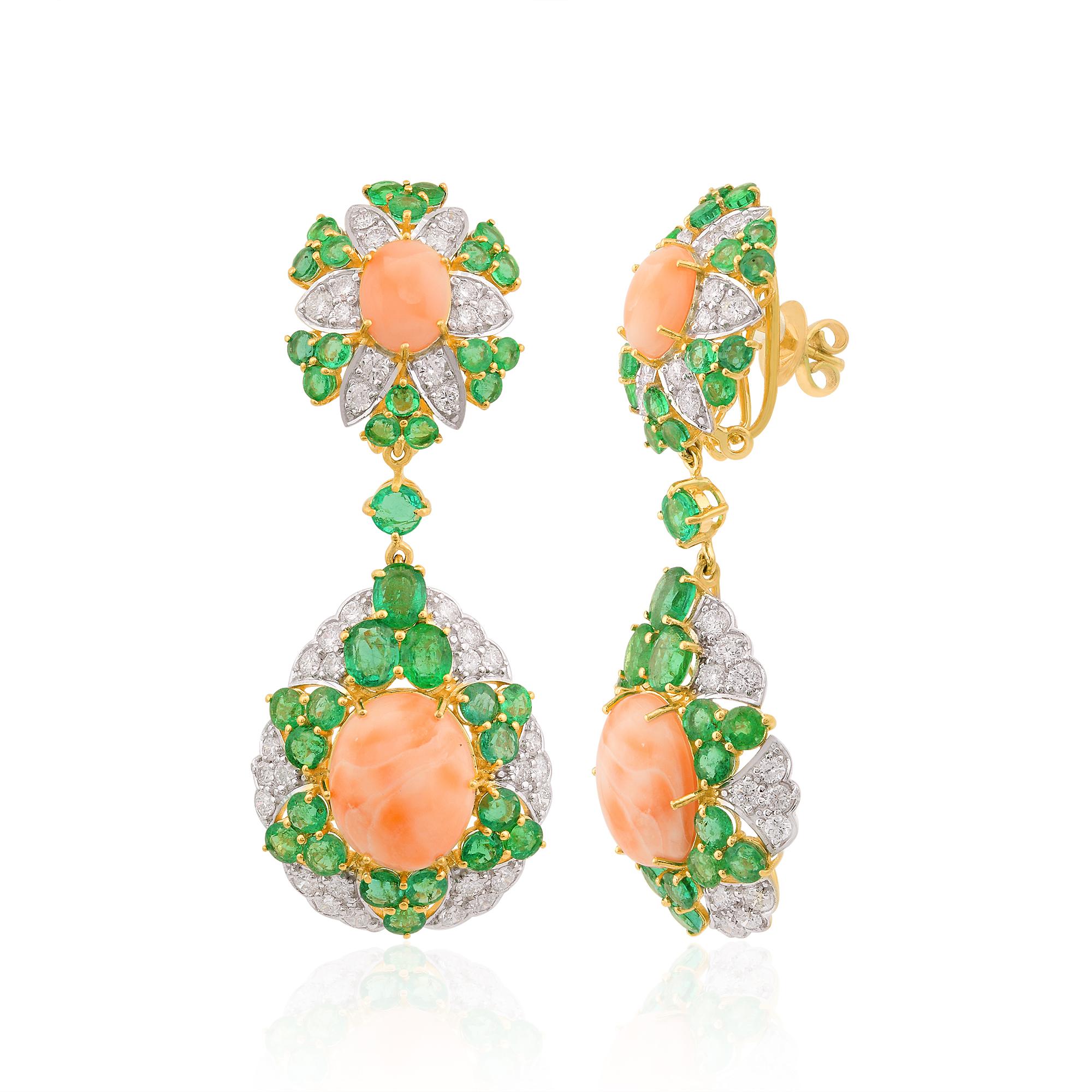Item Code:- SEE-1602A
Gross Wt :- 23.08 gm
18k Solid Yellow Gold Wt :- 17.660 gm
Natural Diamond Wt :- 3.400 ct. ( AVERAGE DIAMOND CLARITY SI1-SI2 & COLOR H-I )
Coral & Emerald Wt :- 23.680 ct.
Earrings Size:- 20x58 mm approx

✦