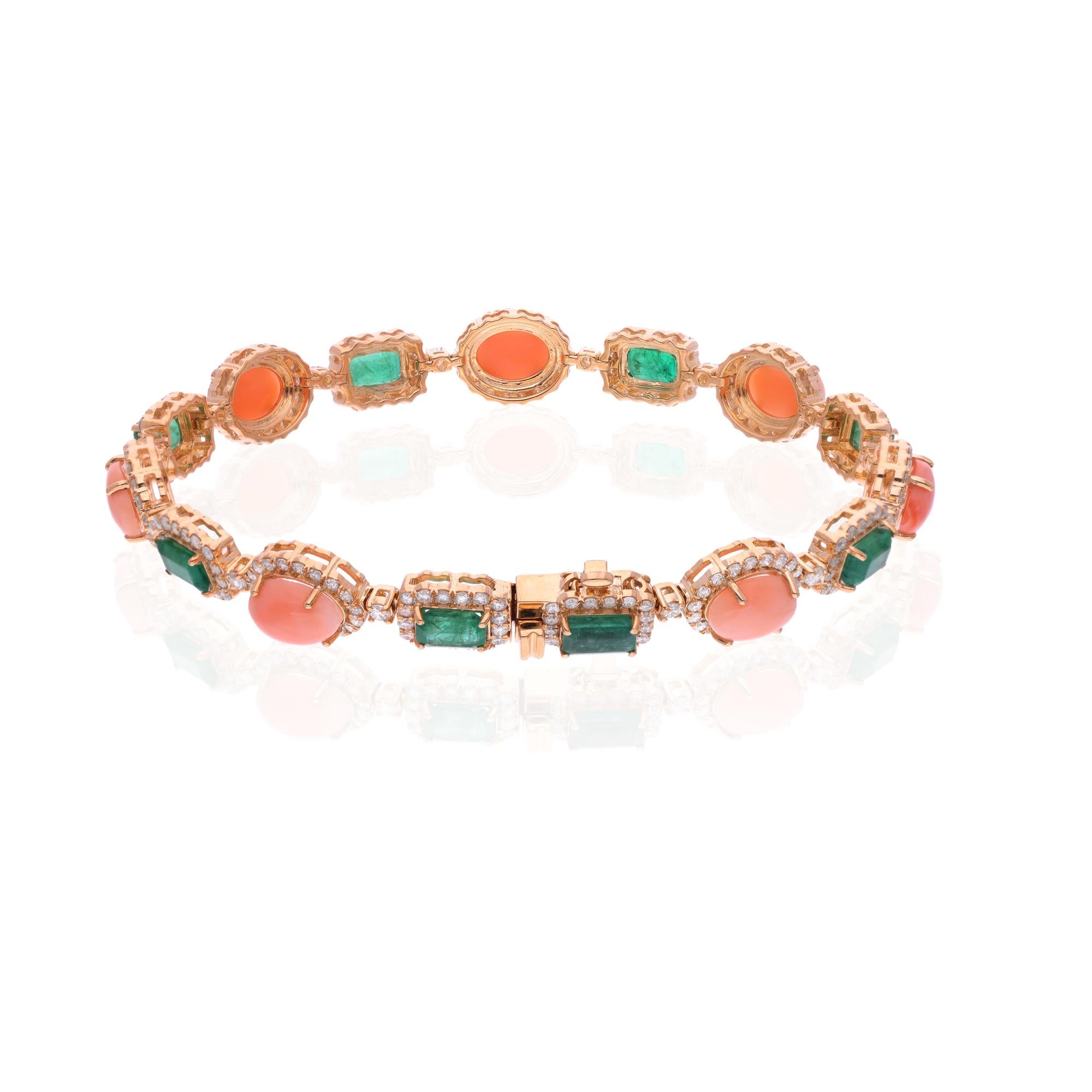 Modern Coral & Zambian Emerald Gemstone Bracelet Diamond 14 Karat Yellow Gold Jewelry For Sale