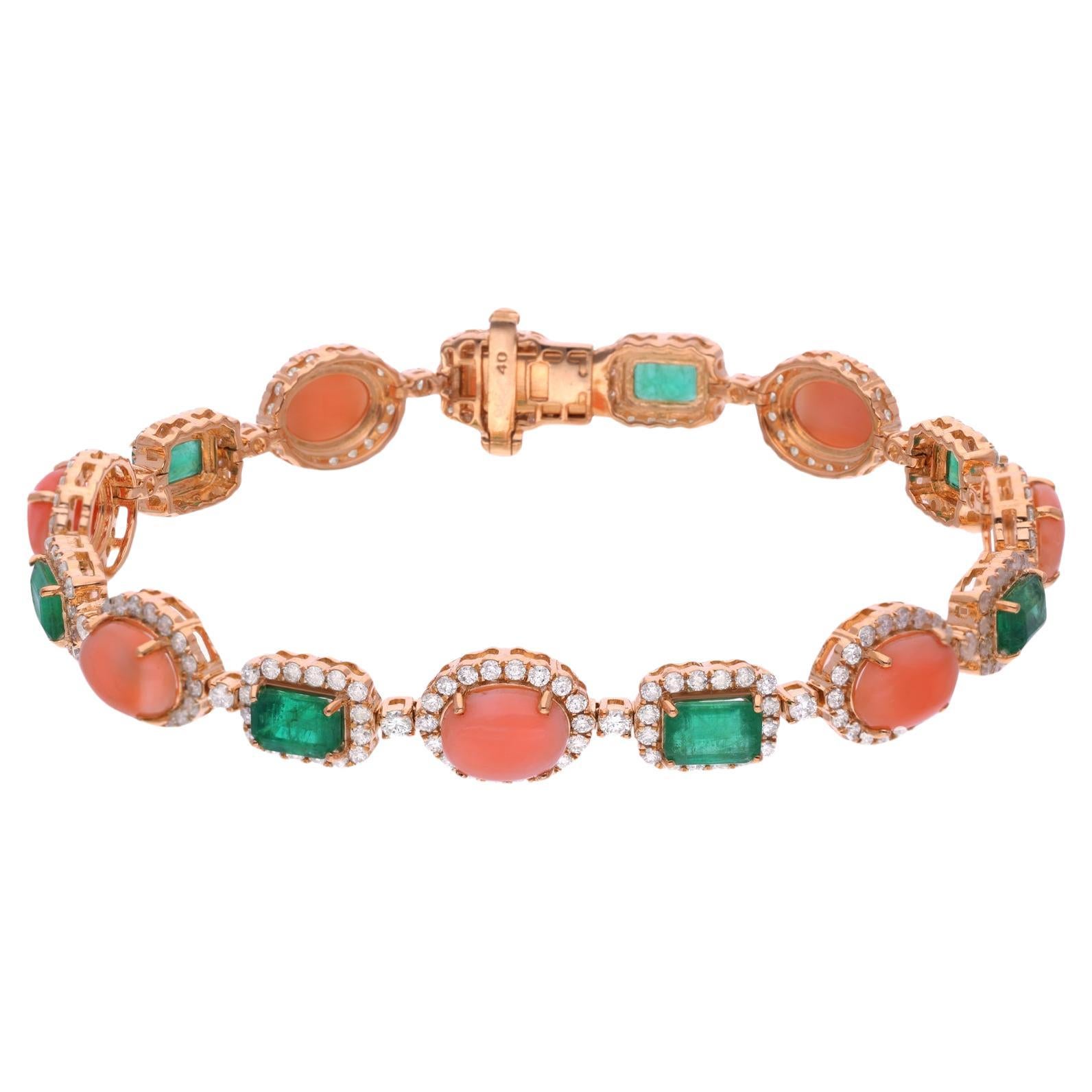 Coral & Zambian Emerald Gemstone Bracelet Diamond 14 Karat Yellow Gold Jewelry For Sale
