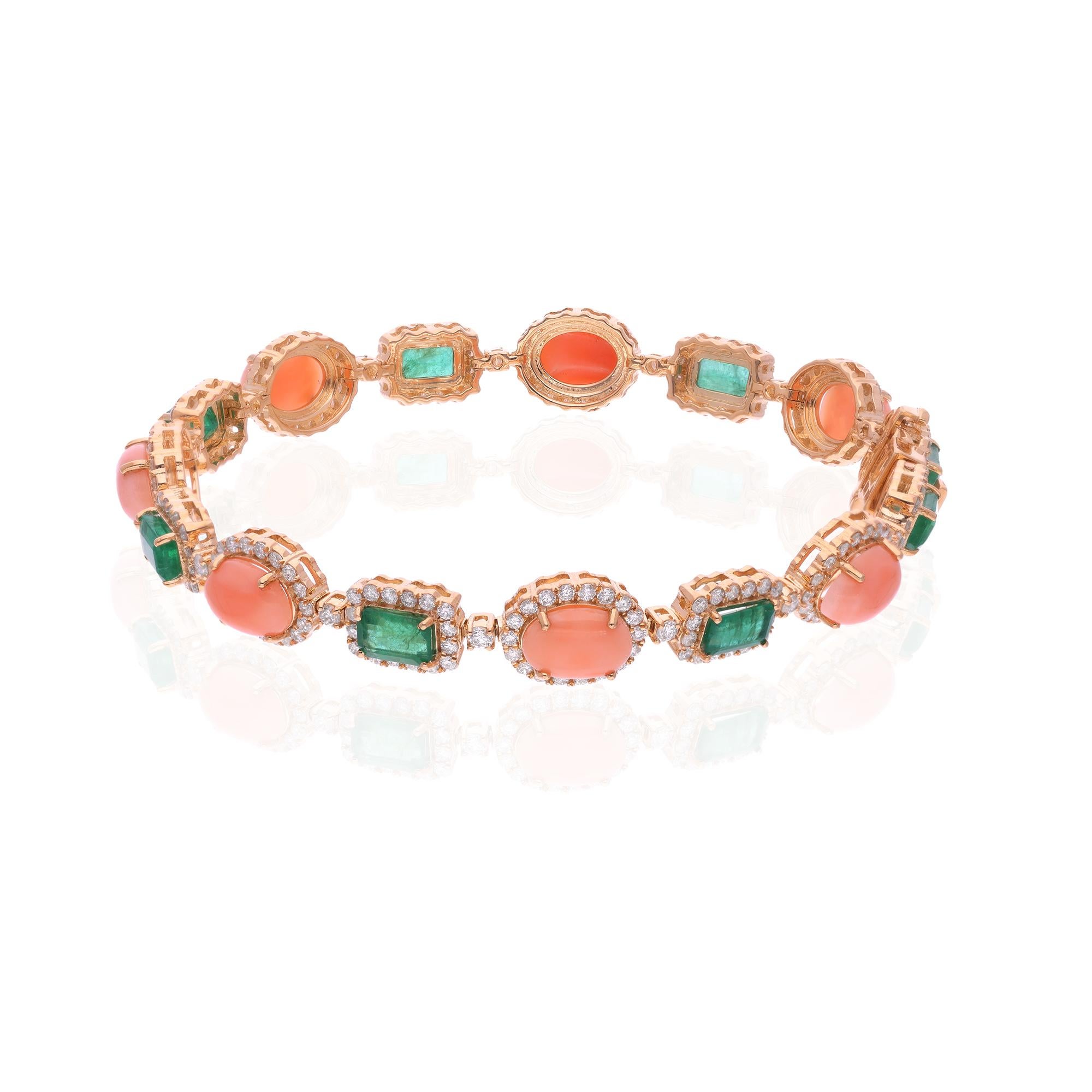 Indulge in the exquisite allure of luxury with this captivating Coral & Zambian Emerald Gemstone Bracelet, a masterpiece of elegance and sophistication. Crafted with meticulous attention to detail, this bracelet is a testament to the unparalleled