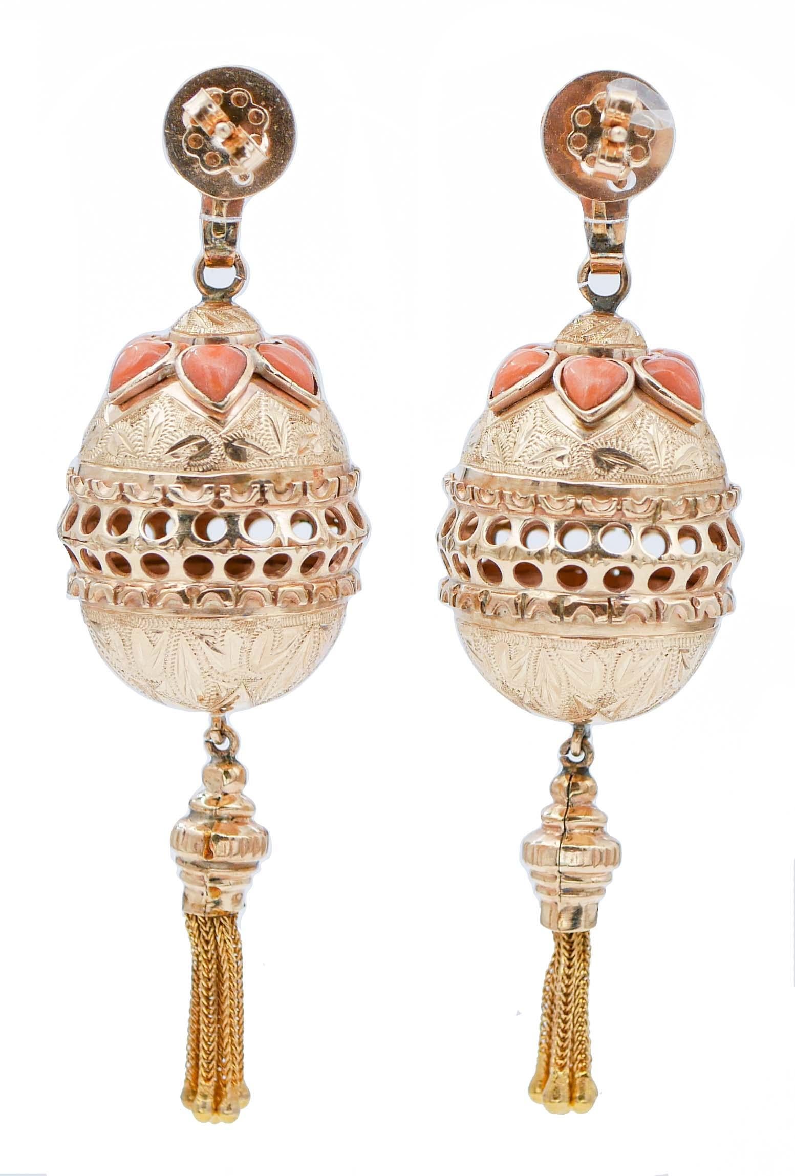 Retro Coral, 14 Karat Rose Gold Dangle Earrings For Sale