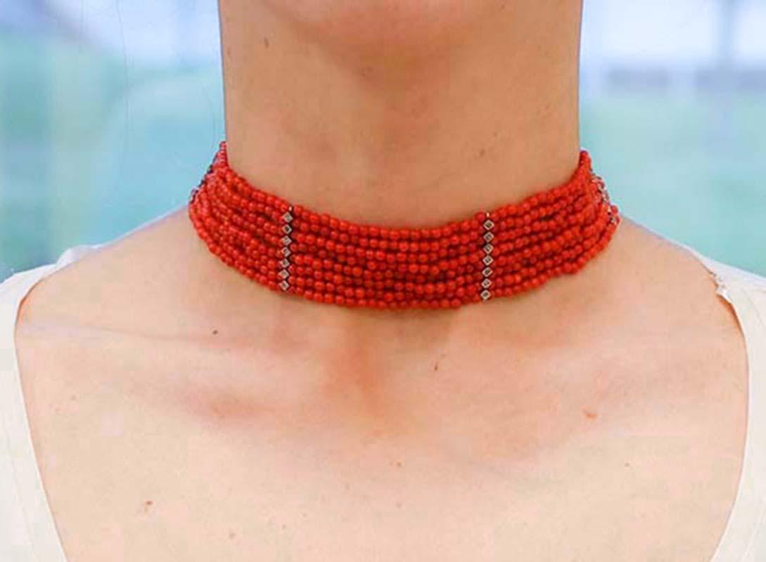 Coral, 9 Karat Rose Gold and Silver Choker Necklace In Good Condition For Sale In Marcianise, Marcianise (CE)
