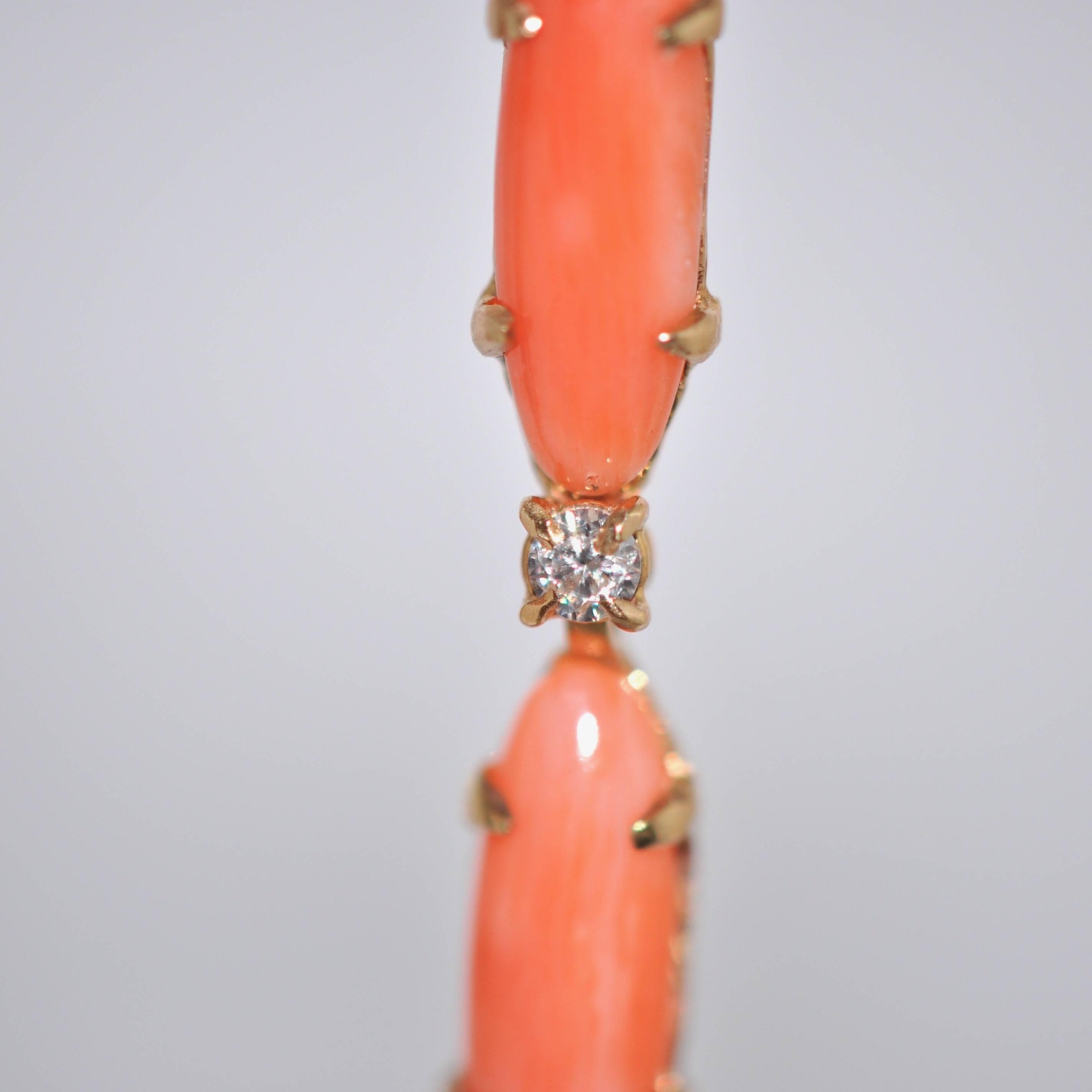 Women's Coral, Moonstone and Diamond Yellow Gold Chandelier Earrings