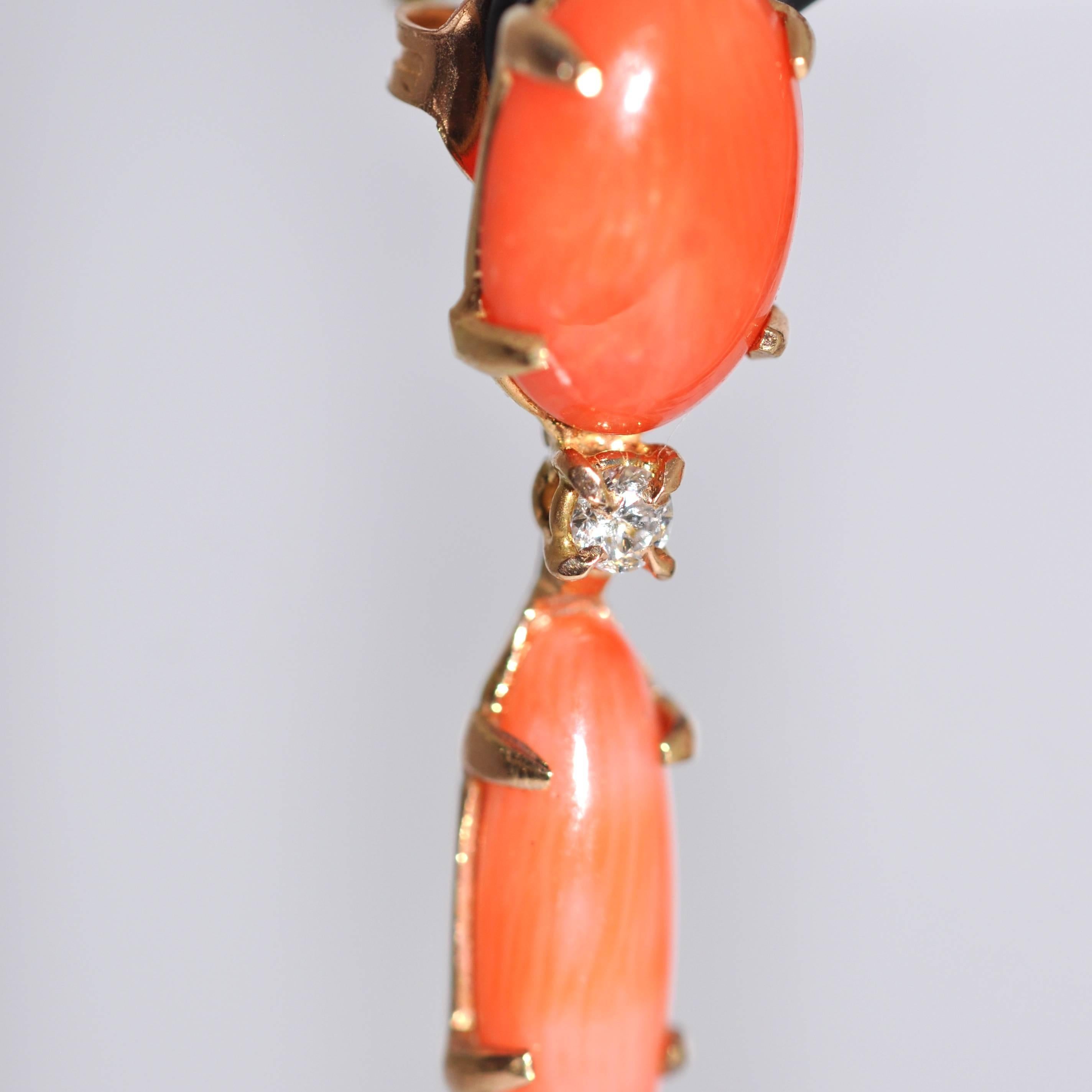 Coral, Moonstone and Diamond Yellow Gold Chandelier Earrings 2