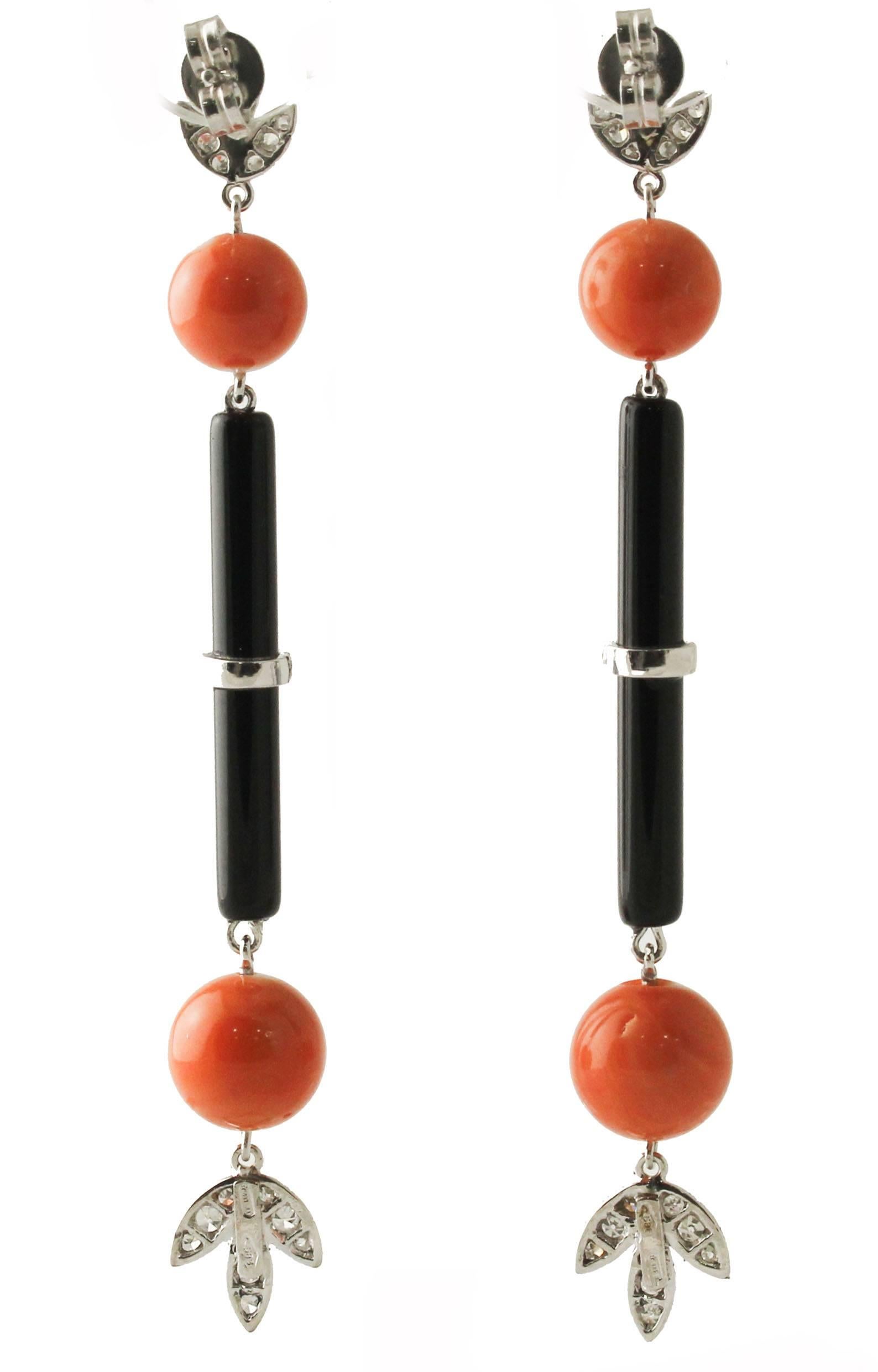 Contemporary Red Coral Spheres, Onyx, White Diamonds, 14K White Gold Dangle Earrings
