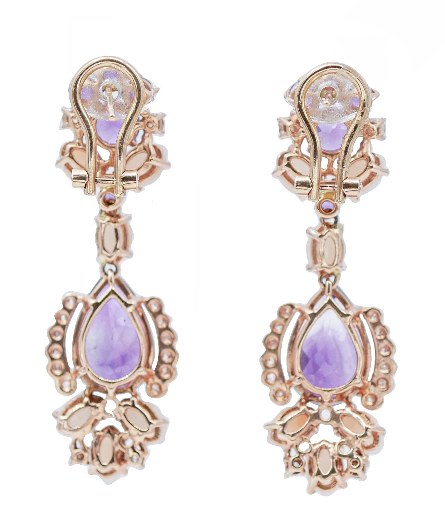 Retro Coral, Amethysts, Diamonds, 14kt Rose Gold Dangle Earrings For Sale