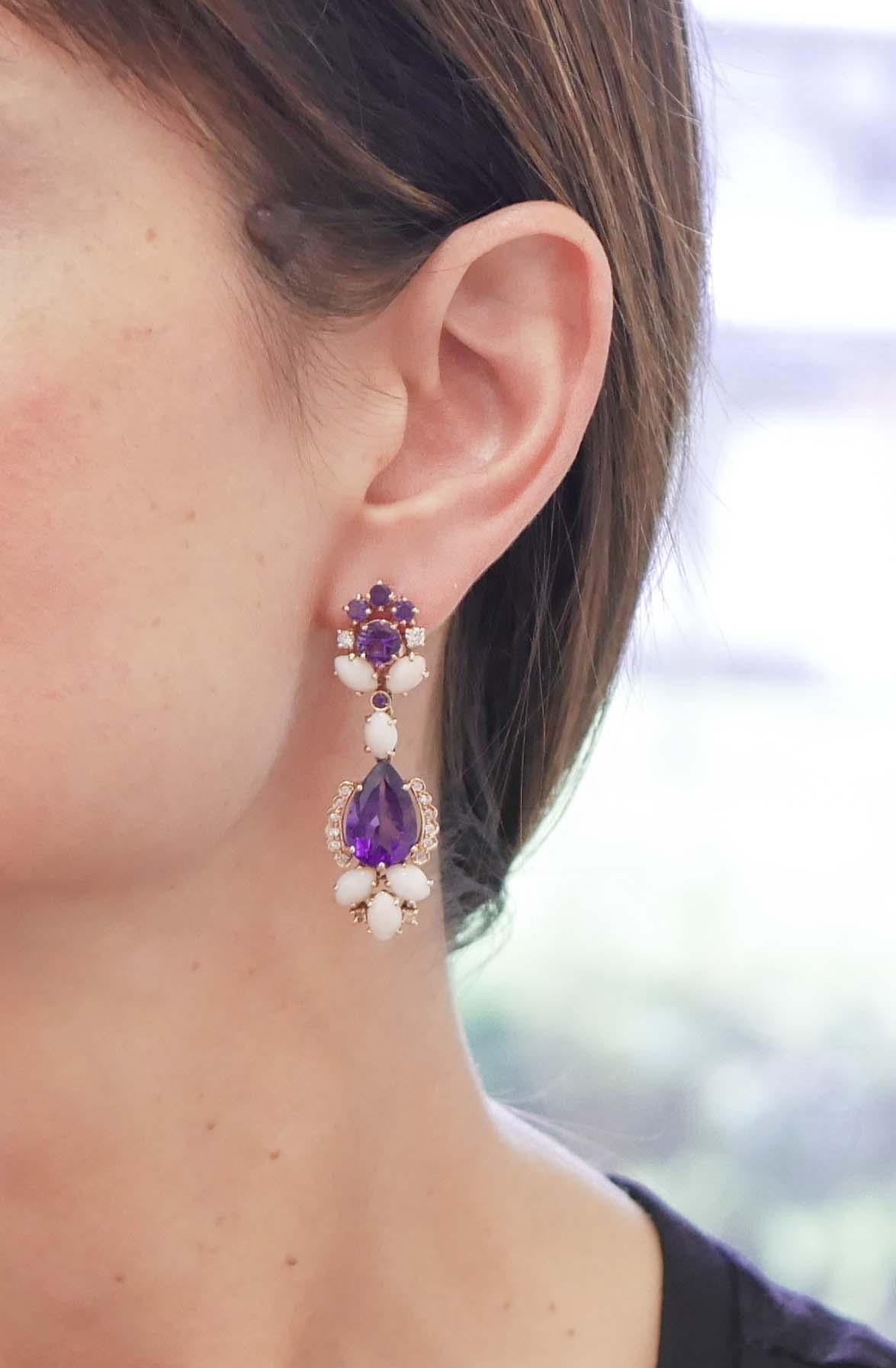 Coral, Amethysts, Diamonds, 14kt Rose Gold Dangle Earrings In Good Condition For Sale In Marcianise, Marcianise (CE)