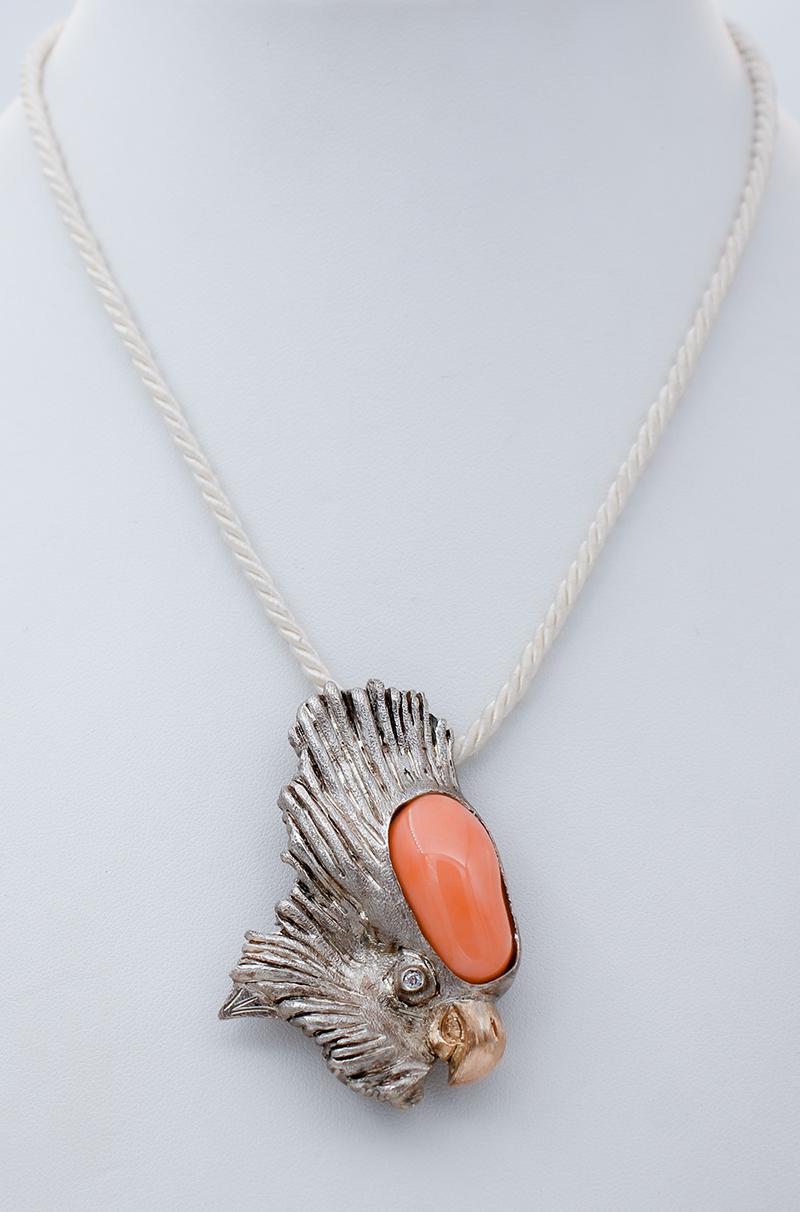 Retro Coral, Diamond, 9Kt Rose Gold and Silver Parrot Shape Brooch/ Pendant Necklace For Sale