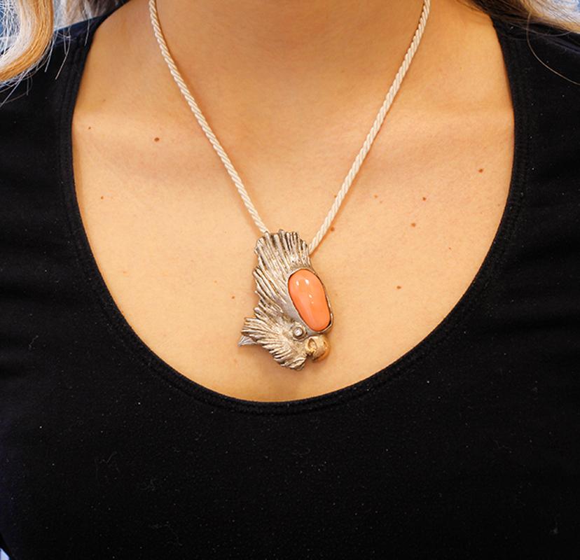 Coral, Diamond, 9Kt Rose Gold and Silver Parrot Shape Brooch/ Pendant Necklace For Sale 2