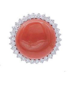 Coral, Diamonds, 18 Karat White Gold Stud Earrings