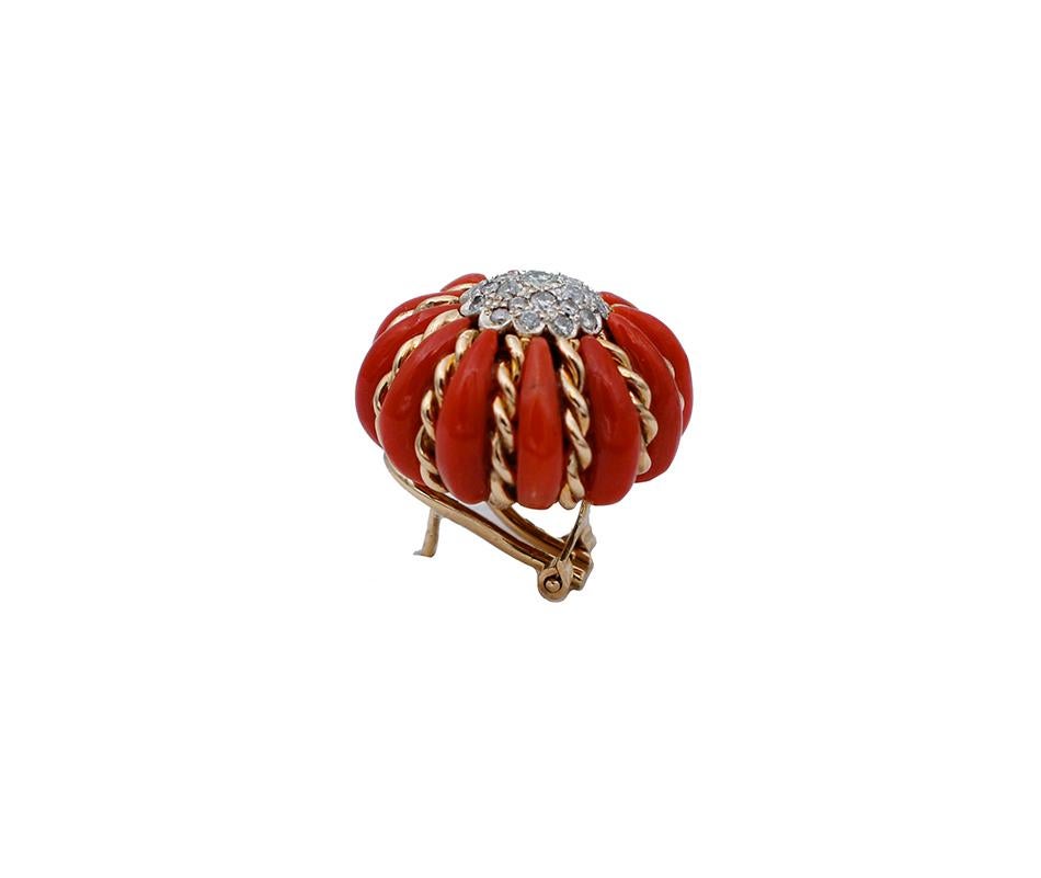 Retro Coral, Diamonds, 14 Karat Rose and White Gold Stud Earrings For Sale
