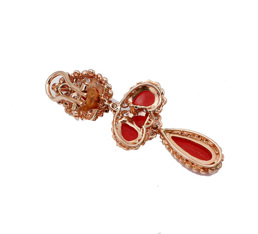 Retro Coral, Diamonds, 14 Karat Rose Gold Dangle Earrings