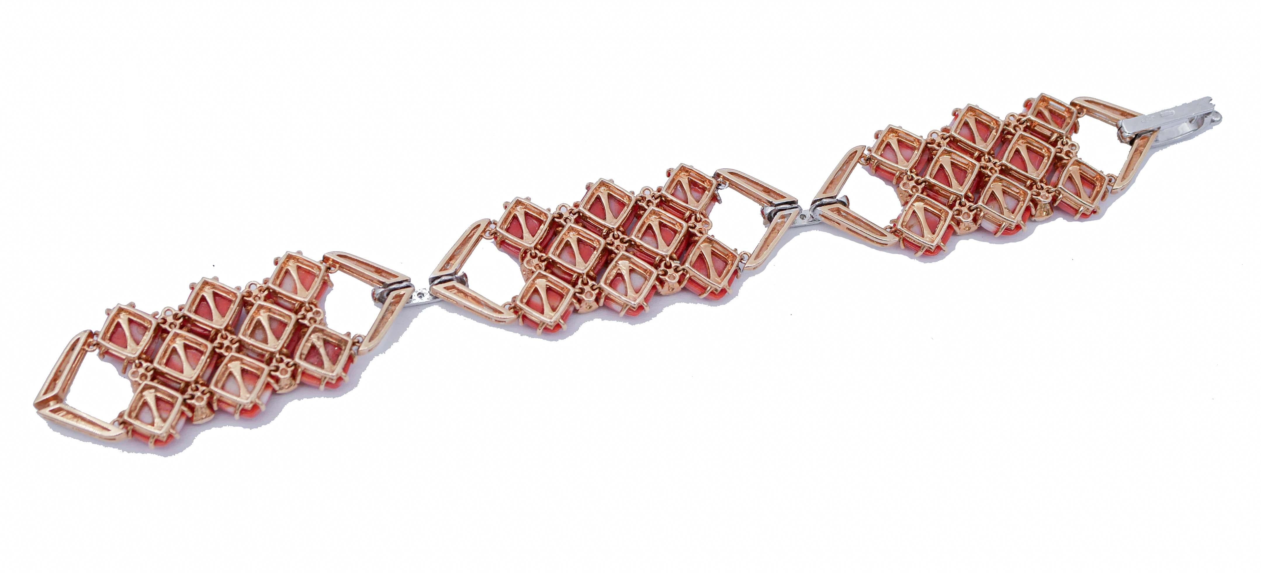 Rétro Bracciale Retrò in corallo, diamanti, oro bianco e rosa 14 carati in vendita