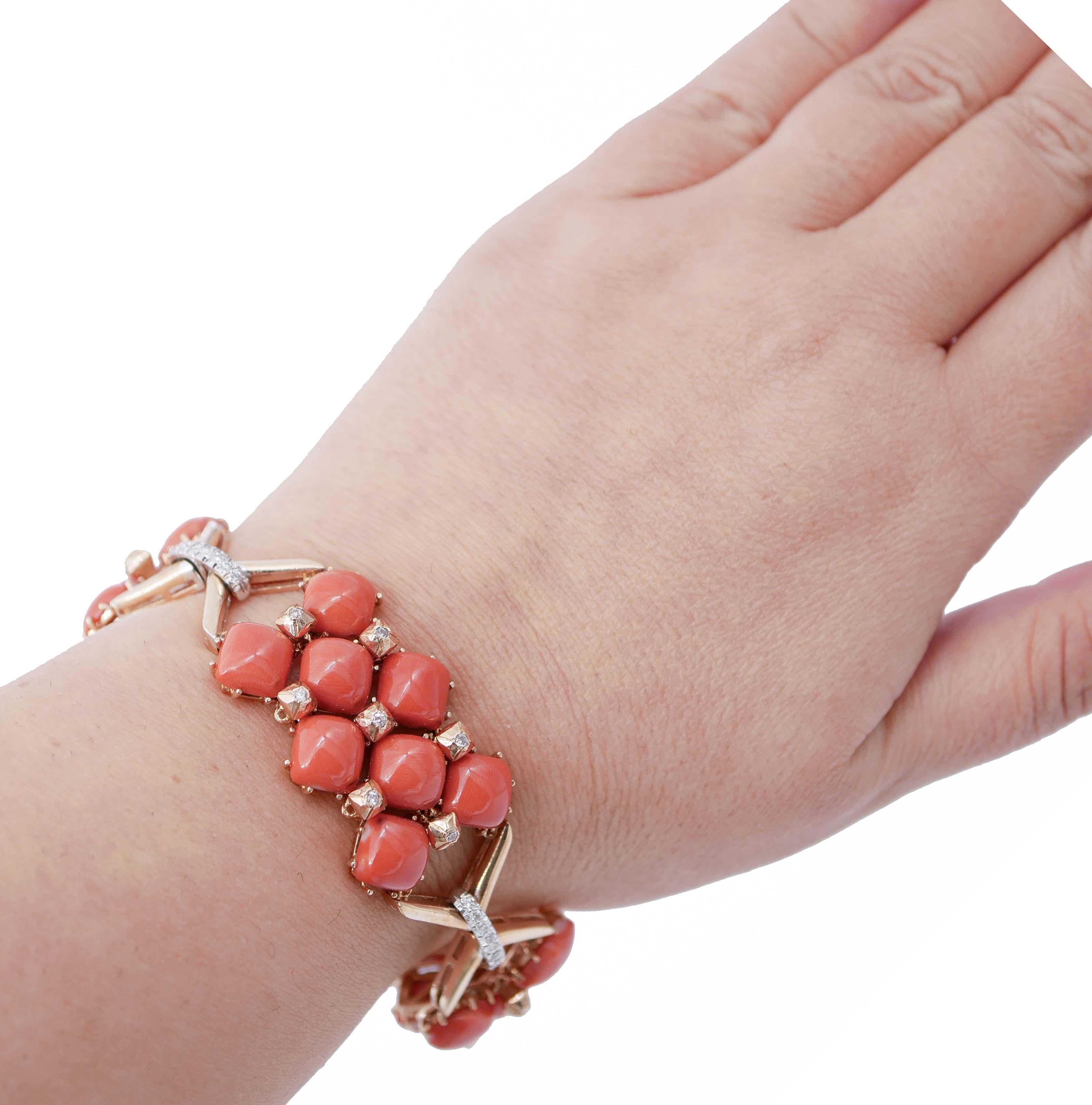 Bracciale Retrò in corallo, diamanti, oro bianco e rosa 14 carati In condizioni buone in vendita a Marcianise, Marcianise (CE)
