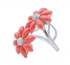 Coral, Diamonds, 18 Karat White Gold Ring
