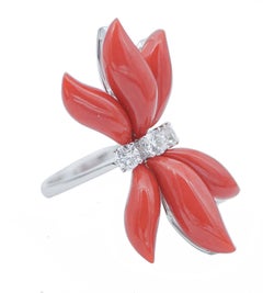 Coral, Diamonds, 18 Karat White Gold Ring