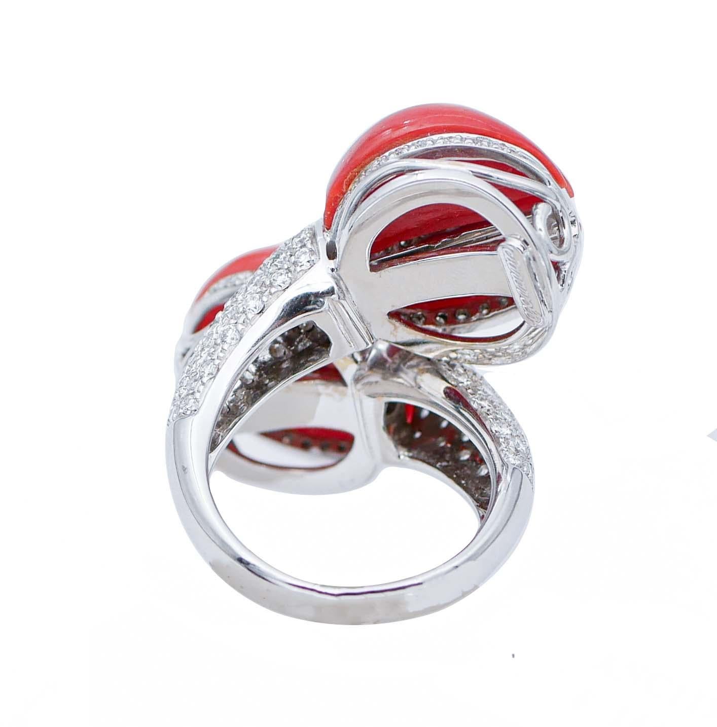 Retro Coral, Diamonds, 18 Karat White Gold Ring For Sale