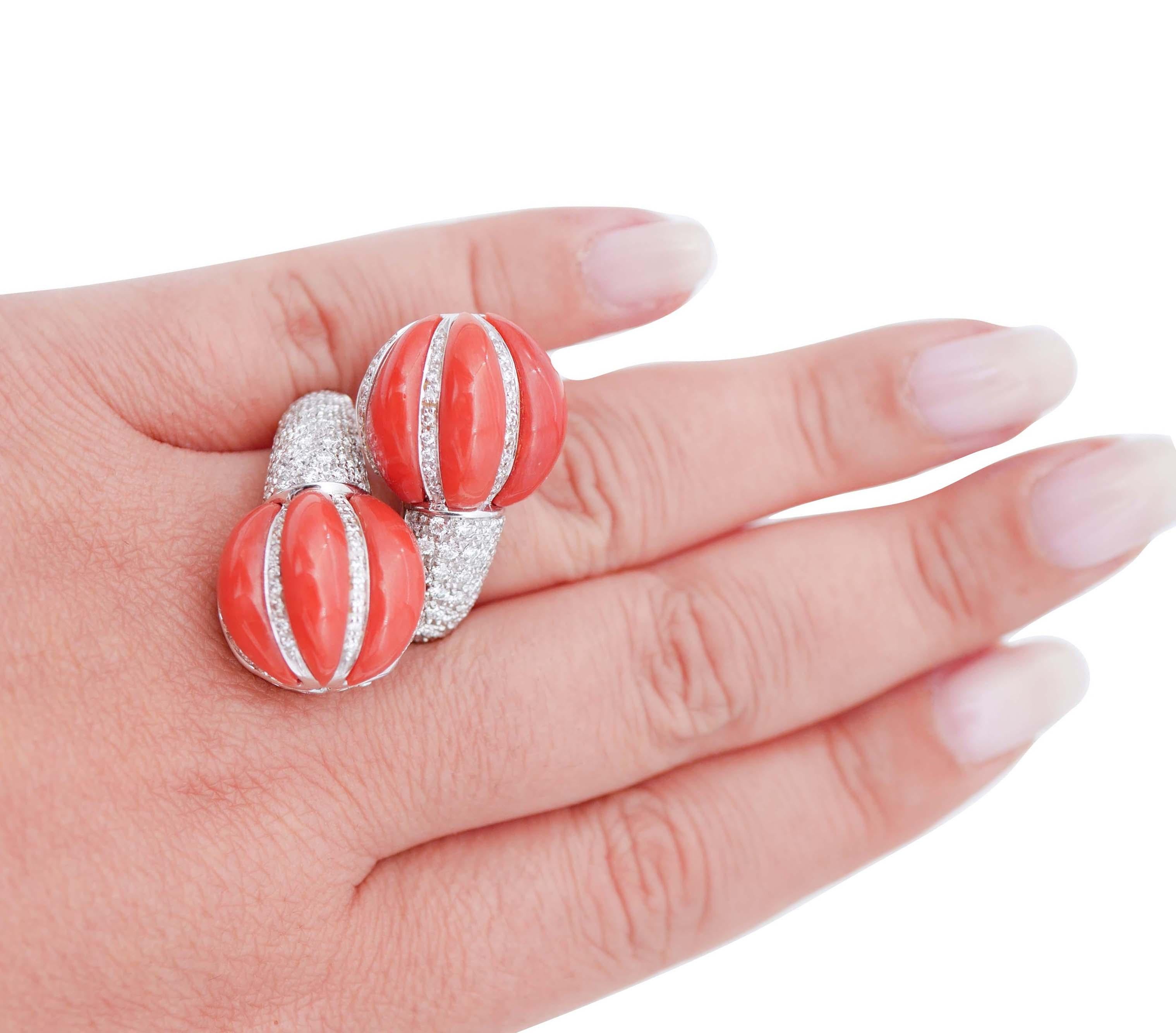 Mixed Cut Coral, Diamonds, 18 Karat White Gold Ring For Sale