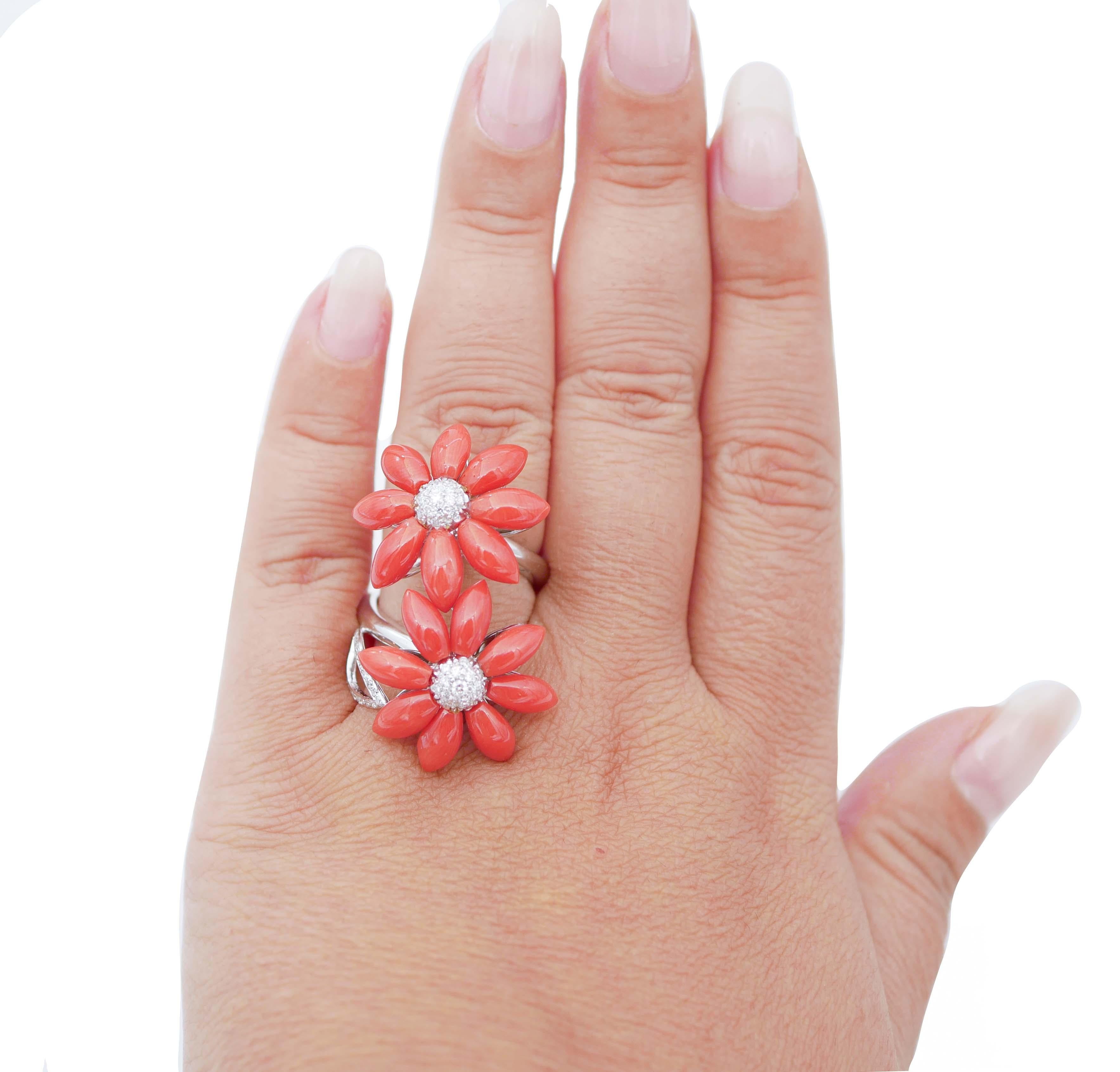 Mixed Cut Coral, Diamonds, 18 Karat White Gold Ring For Sale