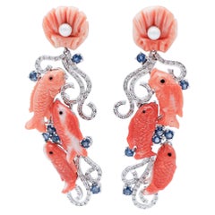 Coral, Diamonds, Blue Sapphires, Pearls, 14 Karat White Gold Dangle Earrings