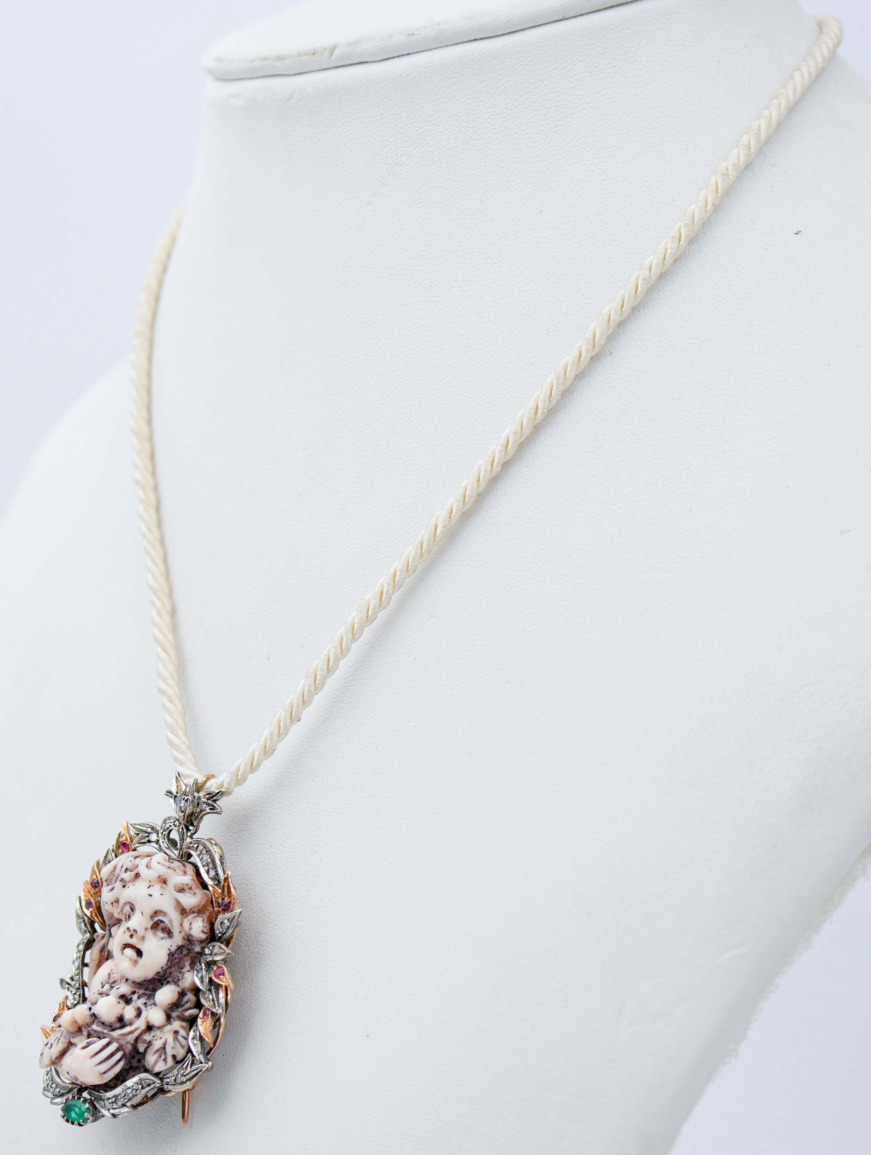 Retro Coral, Diamonds, Emeralds, Rubies, Rose Gold and Silver Brooch/Pendant Necklace. For Sale