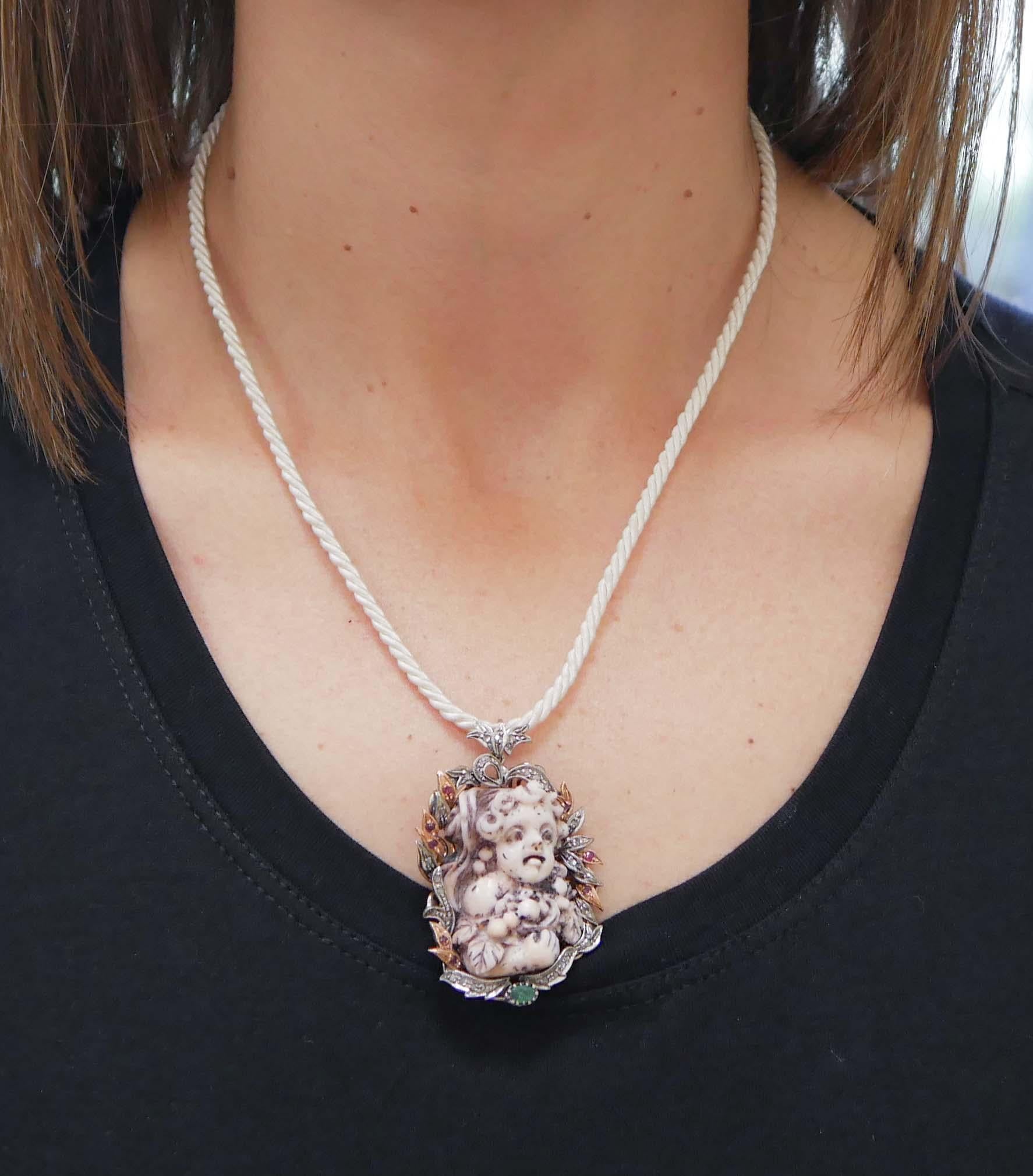 Women's Coral, Diamonds, Emeralds, Rubies, Rose Gold and Silver Brooch/Pendant Necklace. For Sale