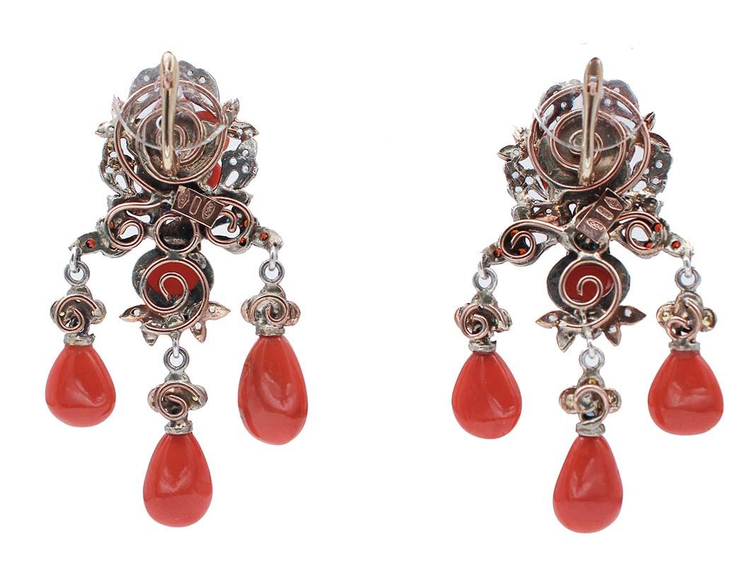 Retro Coral, Diamonds, Emeralds, Sapphires, Pearls, 9 Karat Gold and Silver Earrings