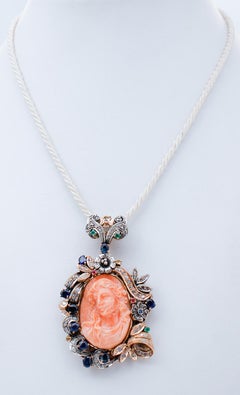 Coral, Diamonds, Emeralds, Sapphires, Rubies,  Gold and Silver Pendant Necklace