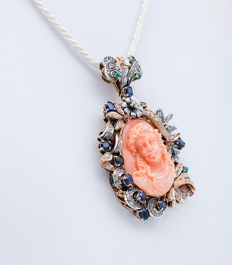 Retro Coral, Diamonds, Emeralds, Sapphires, Rubies,  Gold and Silver Pendant Necklace For Sale