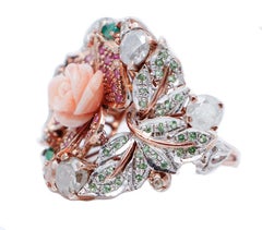 Coral, Diamonds, Emerlads, Rubies, Tsavorite, 9 Karat Rose Gold and Silver Ring