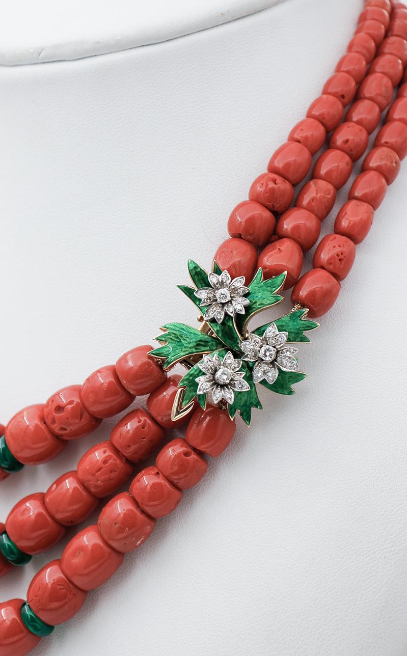 Mixed Cut Coral, Diamonds, Green Agate, Enamel, 18 Karat Yellow and White Gold Necklace