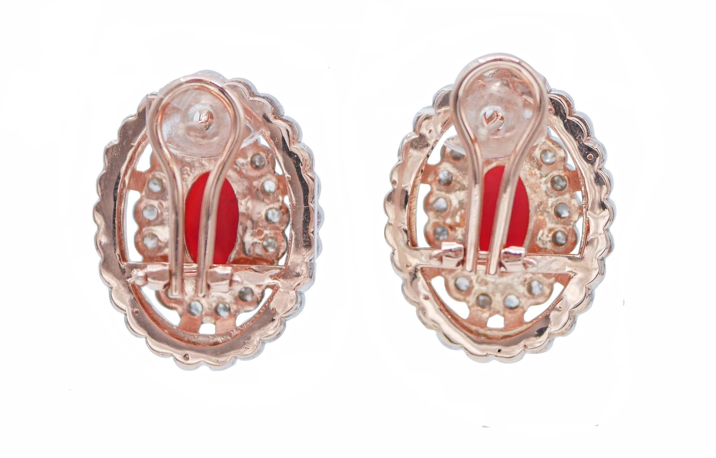 Retro Coral, Diamonds, Rose Gold and Silver Earrings