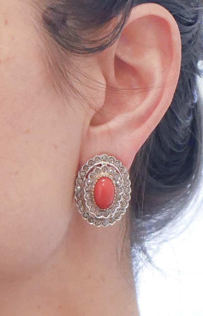 Women's Coral, Diamonds, Rose Gold and Silver Earrings